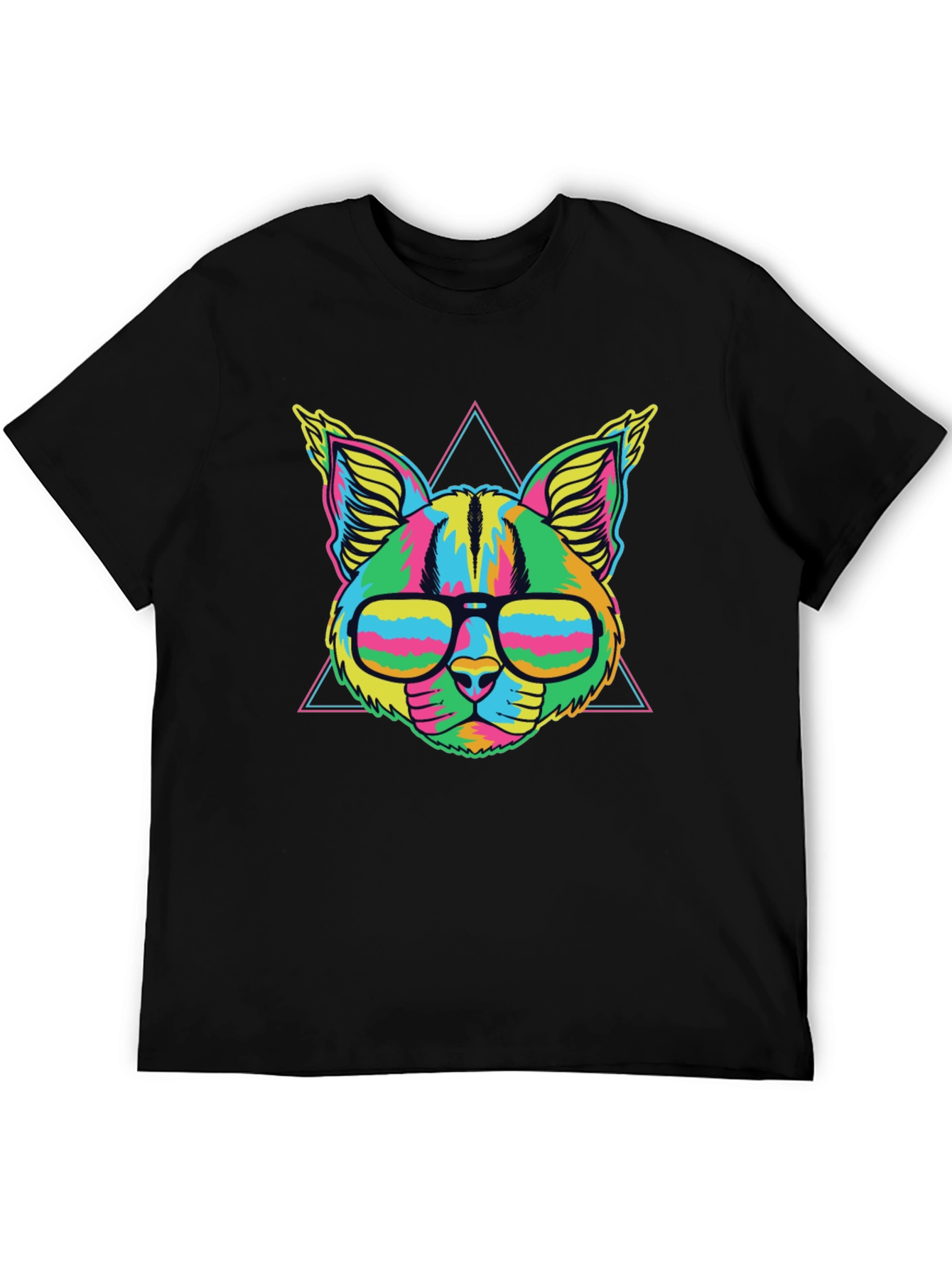 Black Vibrant Neon Cat T-Shirt with Glasses view 5