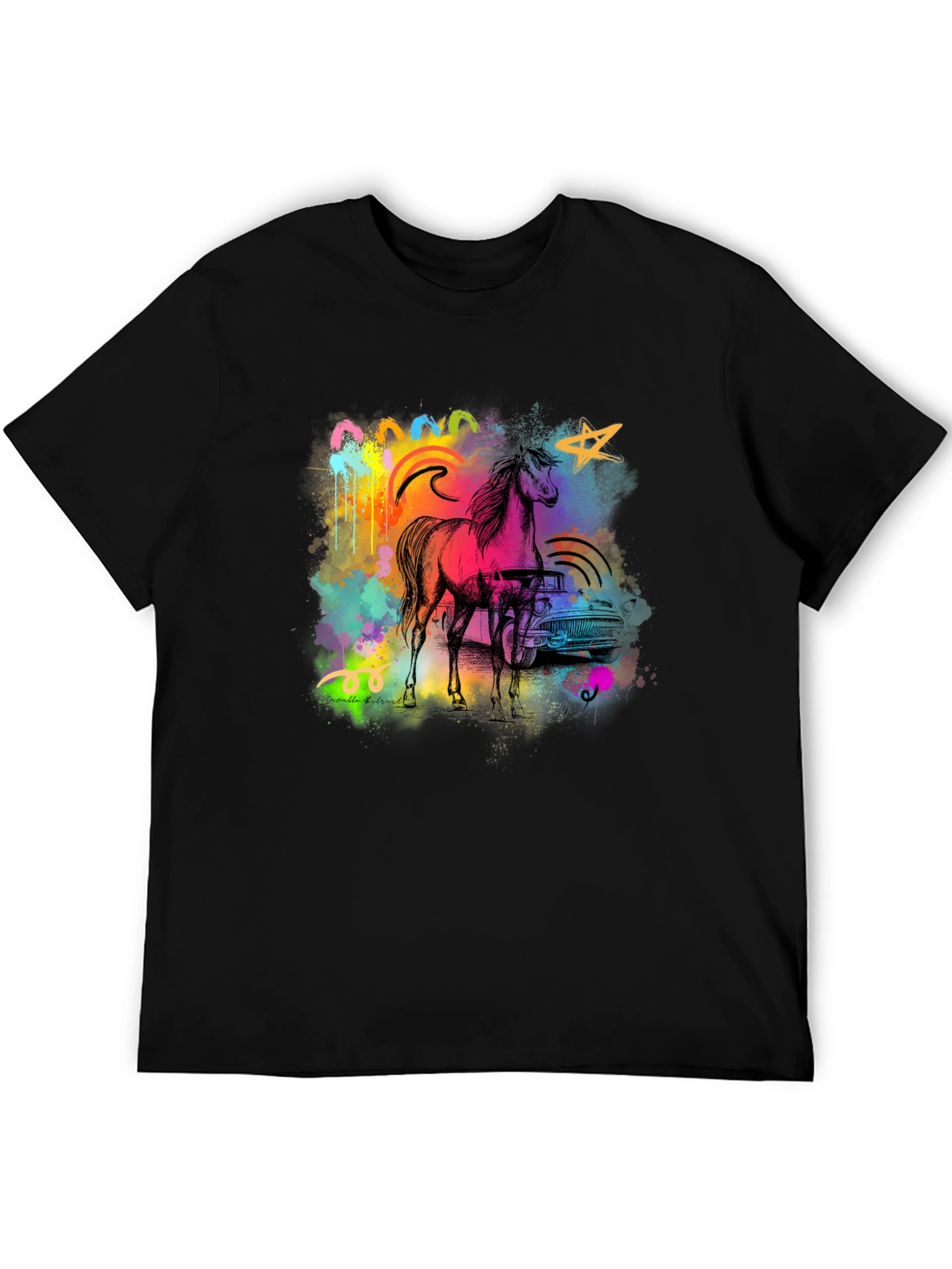 Black Vibrant Horse & Car Graphic Print Black T-Shirt view 5