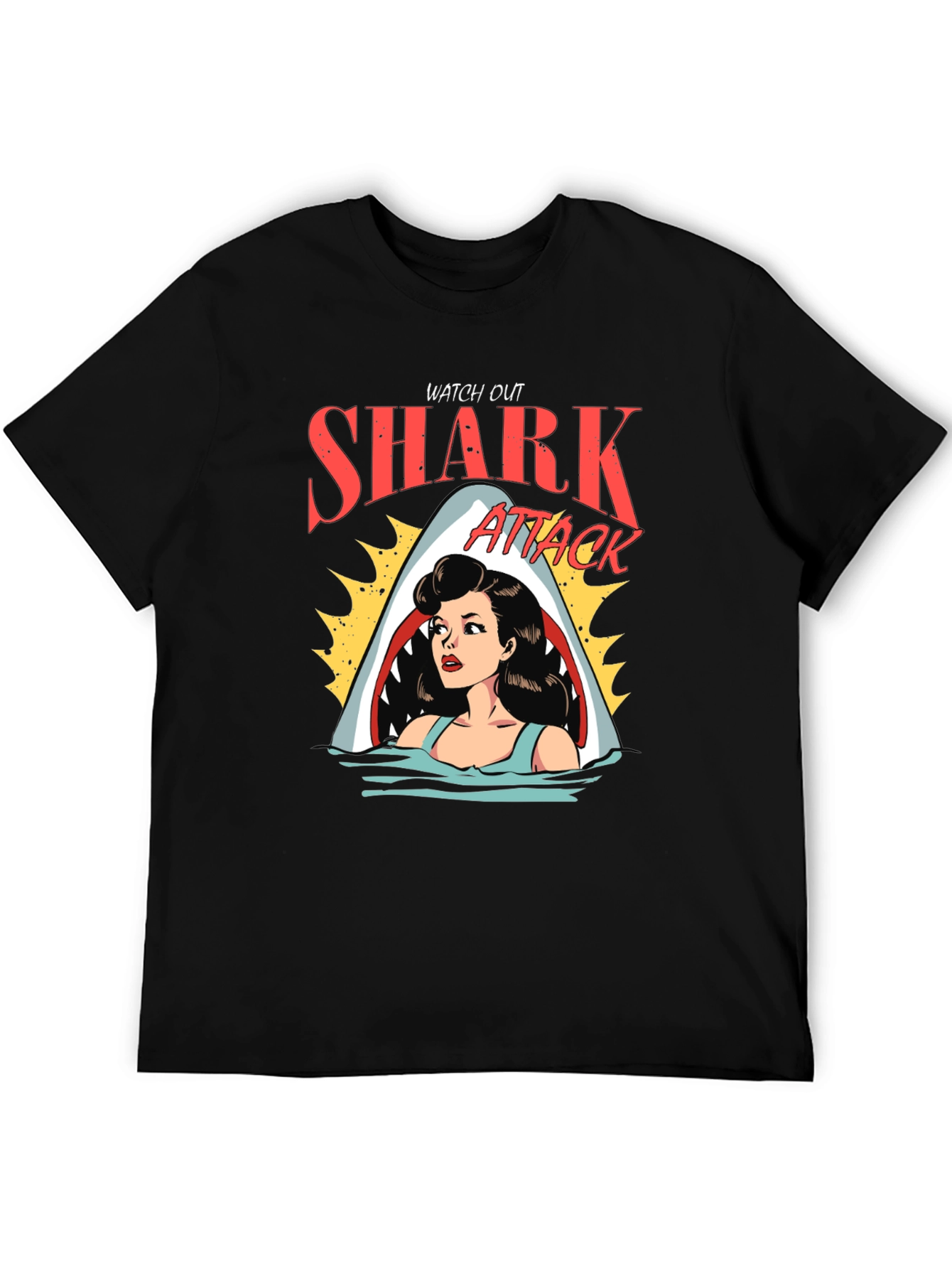 Black Shark Attack Cartoon Graphic Black T-Shirt view 5