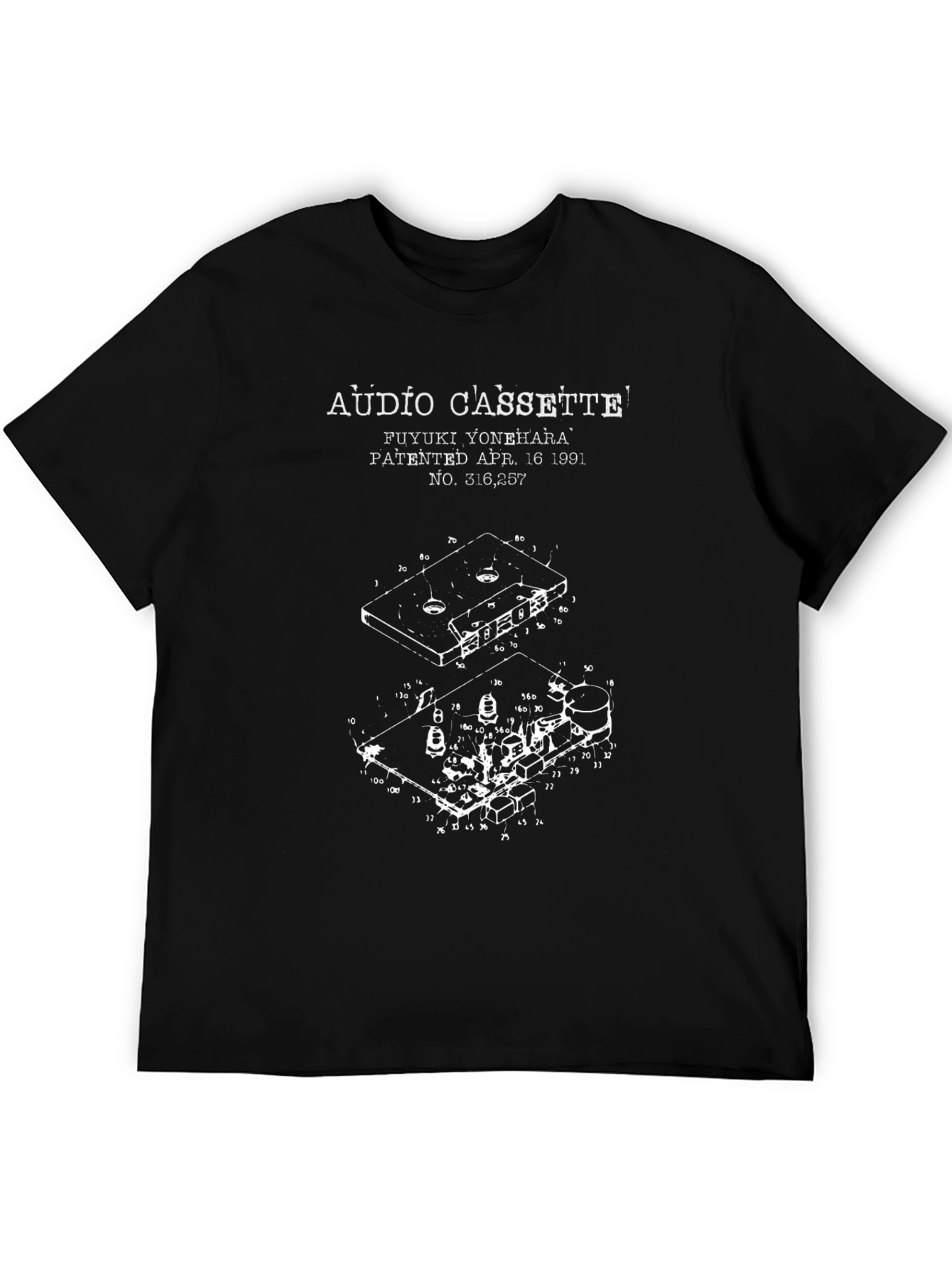 Black Audio Cassette Patent Print Black T-Shirt view 5