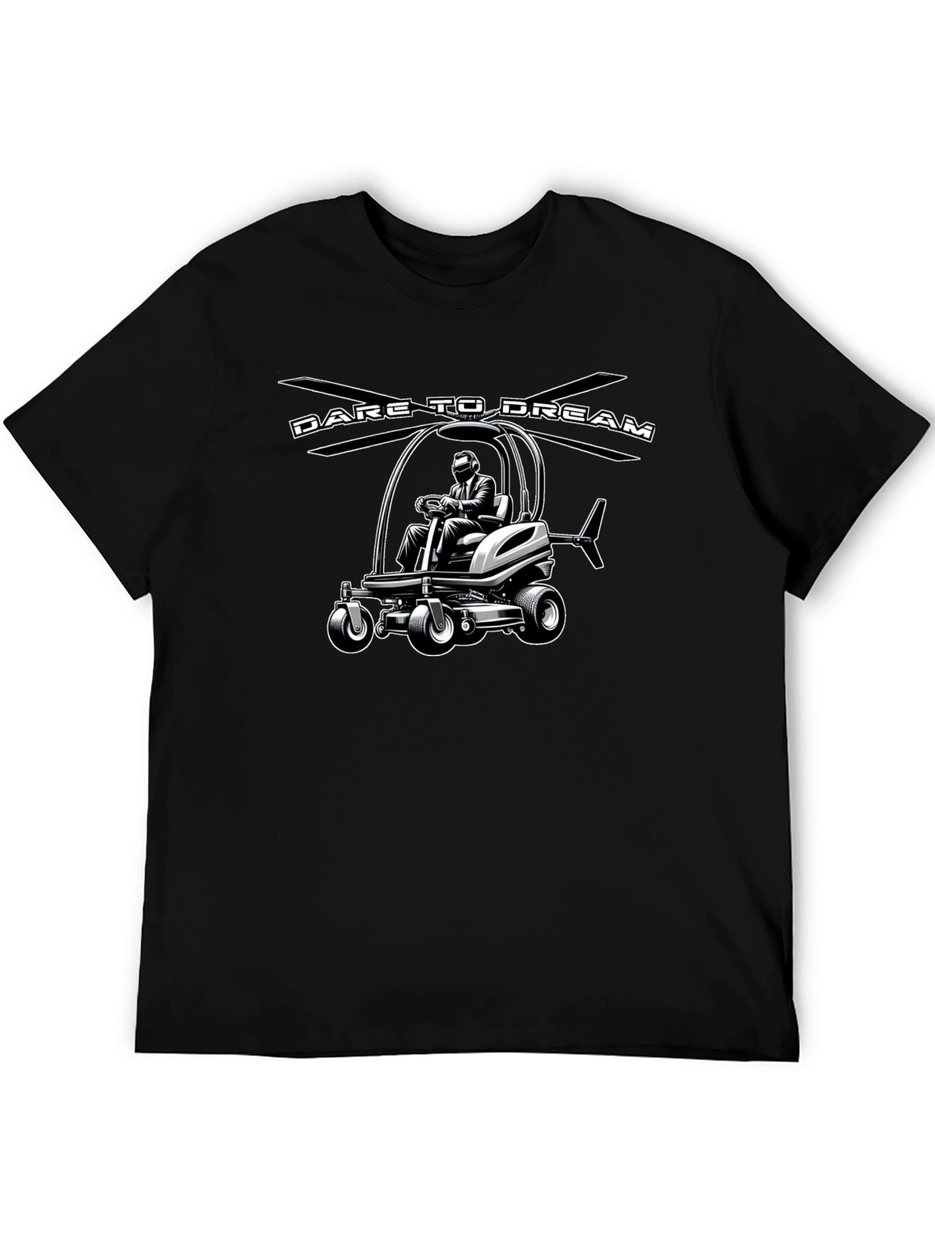 Black Dare to Dream Lawn Mower Helicopter T-Shirt view 5