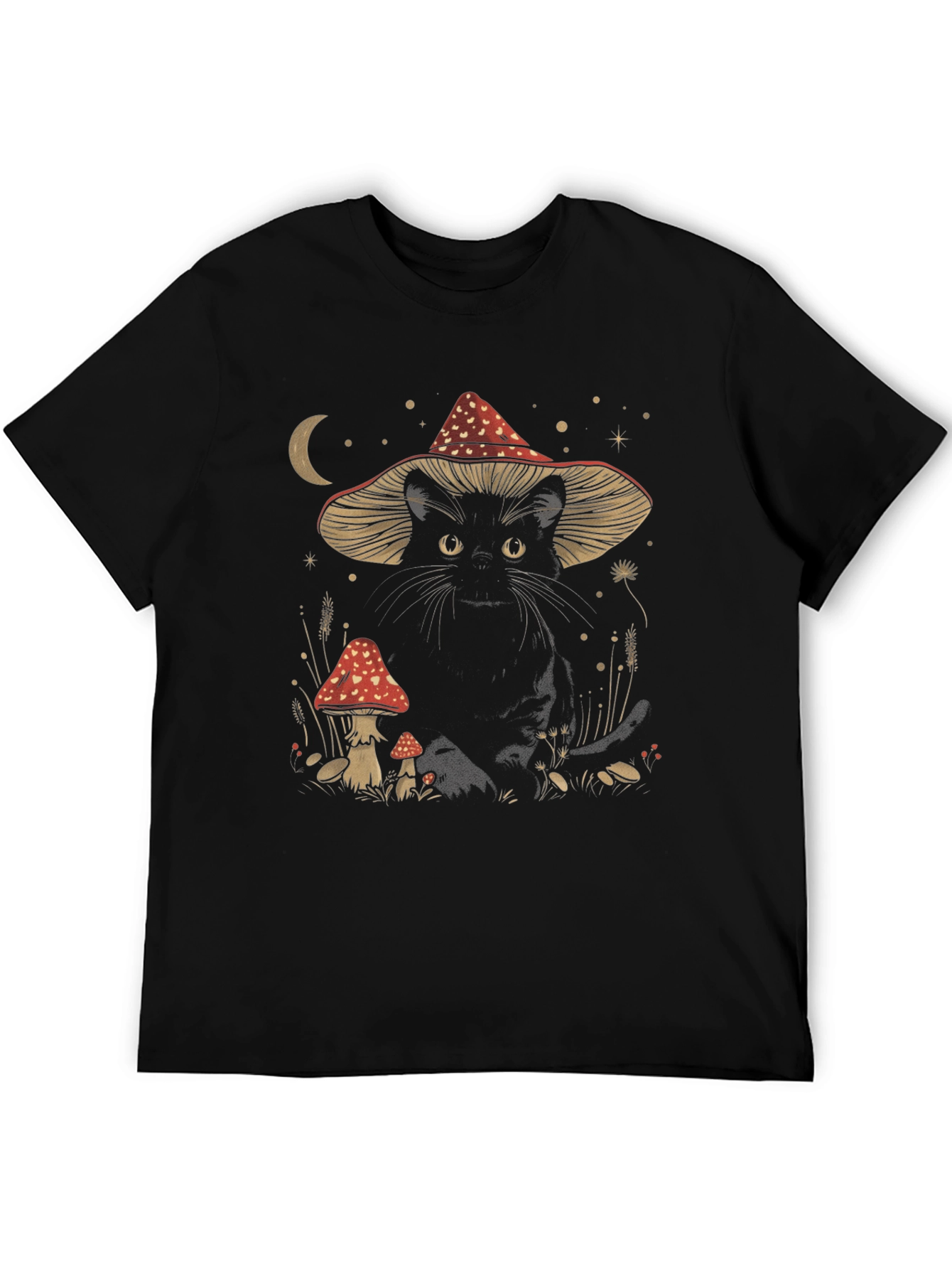 Black Cat in Mushroom Hat T-Shirt - Whimsical Graphic Tee view 5