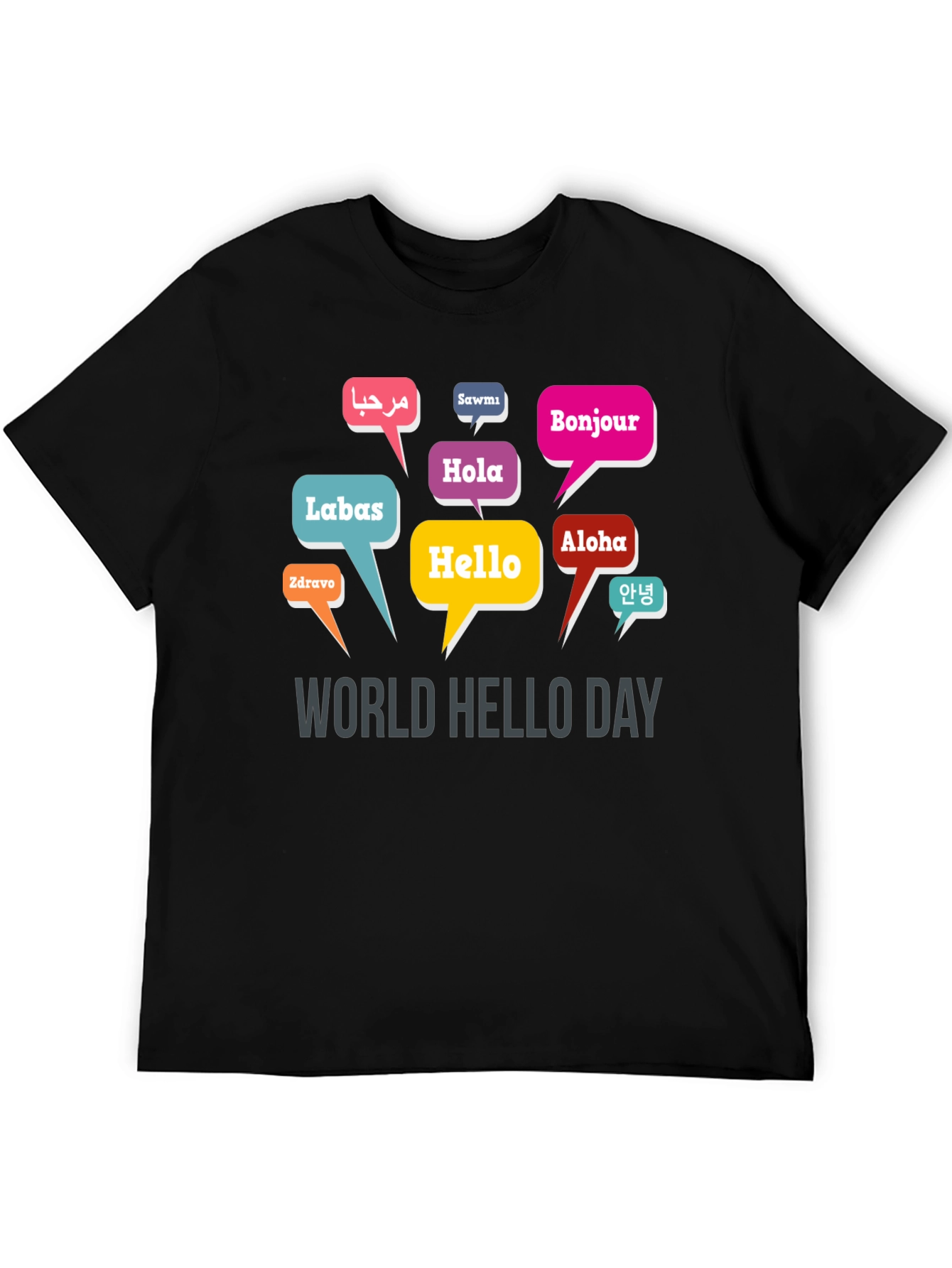 Black World Hello Day T-Shirt - Multilingual Greetings view 5