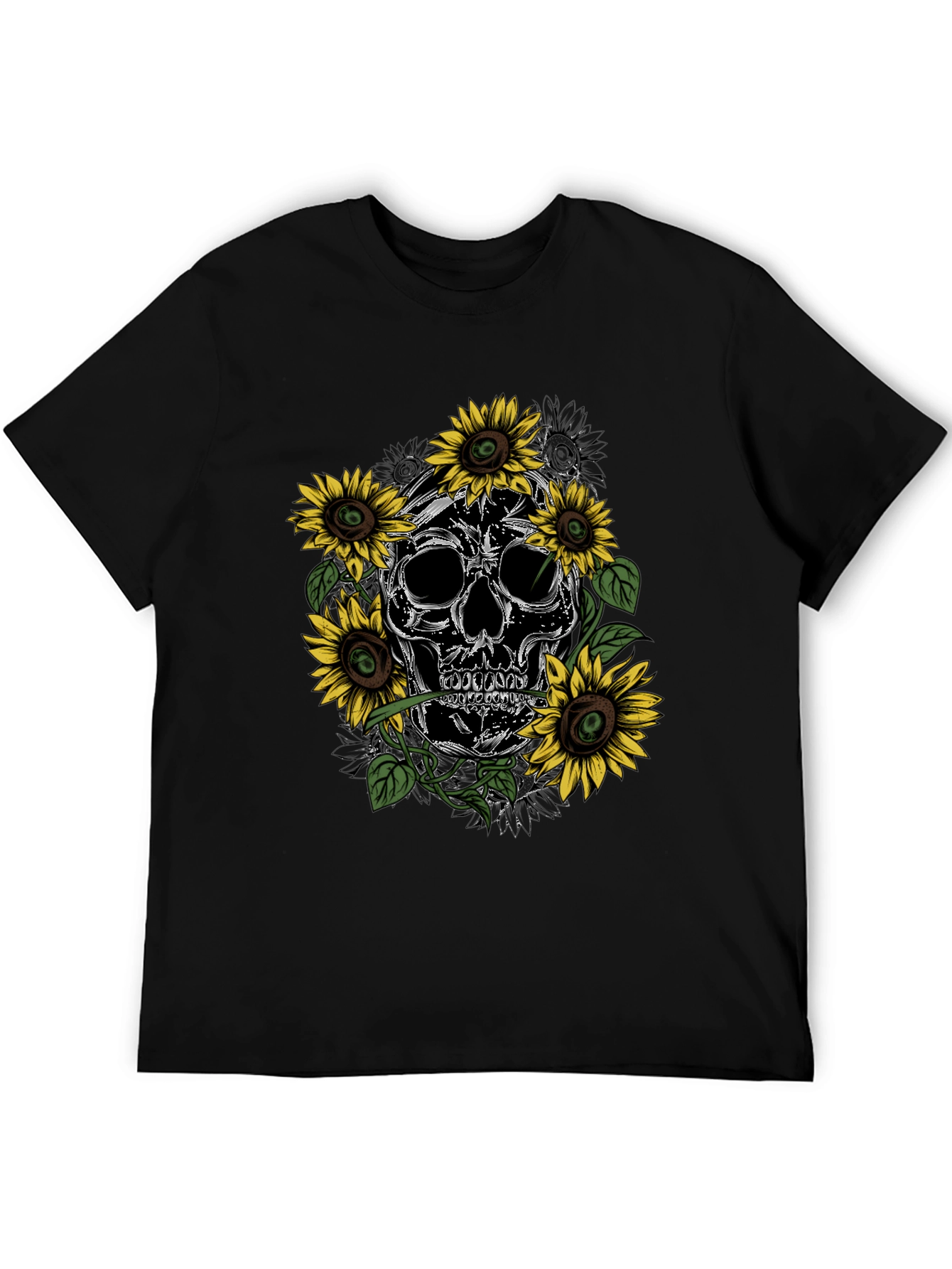 Black Skull & Sunflower Graphic Tee - Men's Black T-Shirt view 5