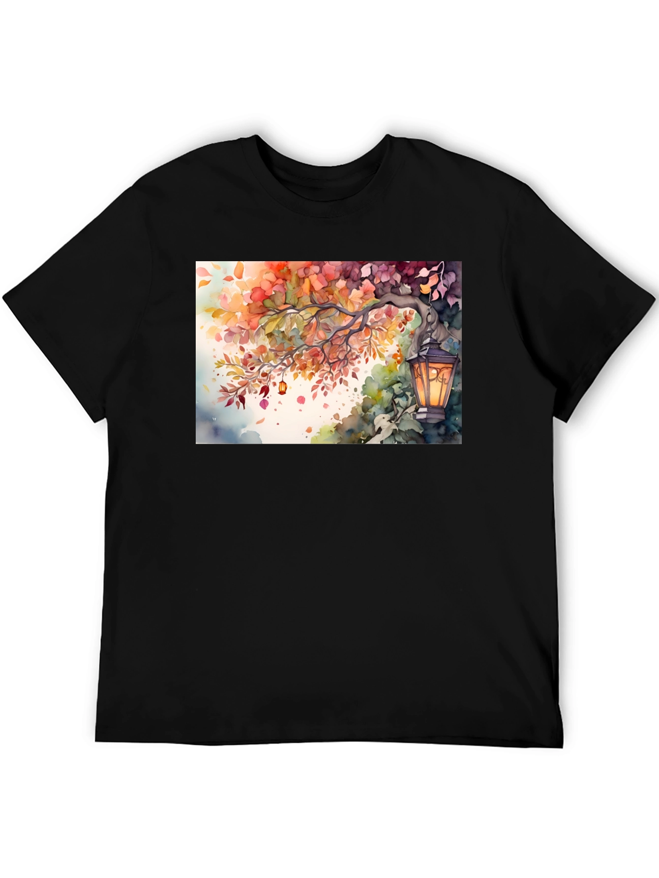 Black Watercolor Autumn Scene T-Shirt view 5