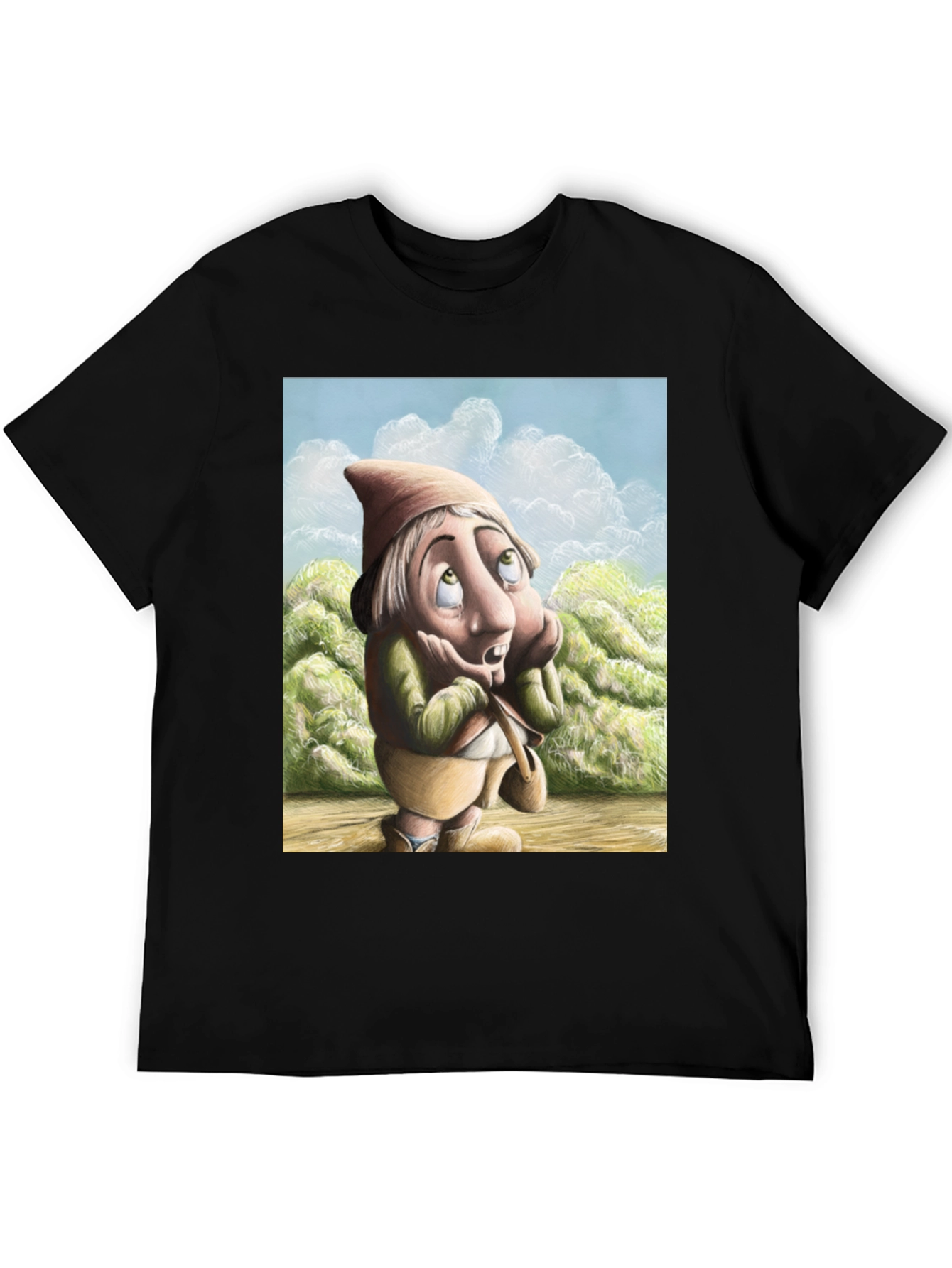 Black Whimsical Gnome T-Shirt - Unique Cartoon Design view 5