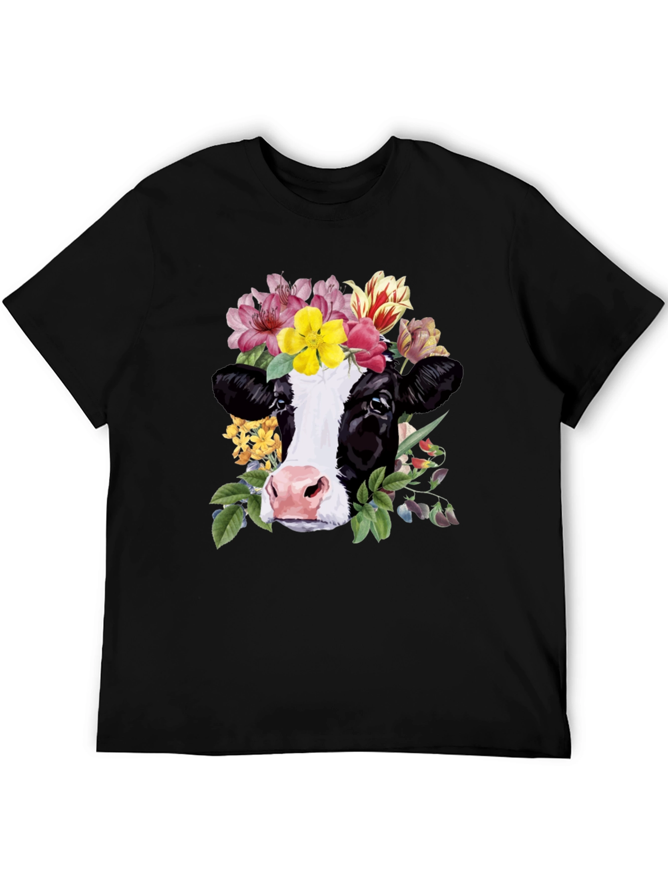 Black Floral Cow Graphic Tee - Unisex Black T-Shirt view 5