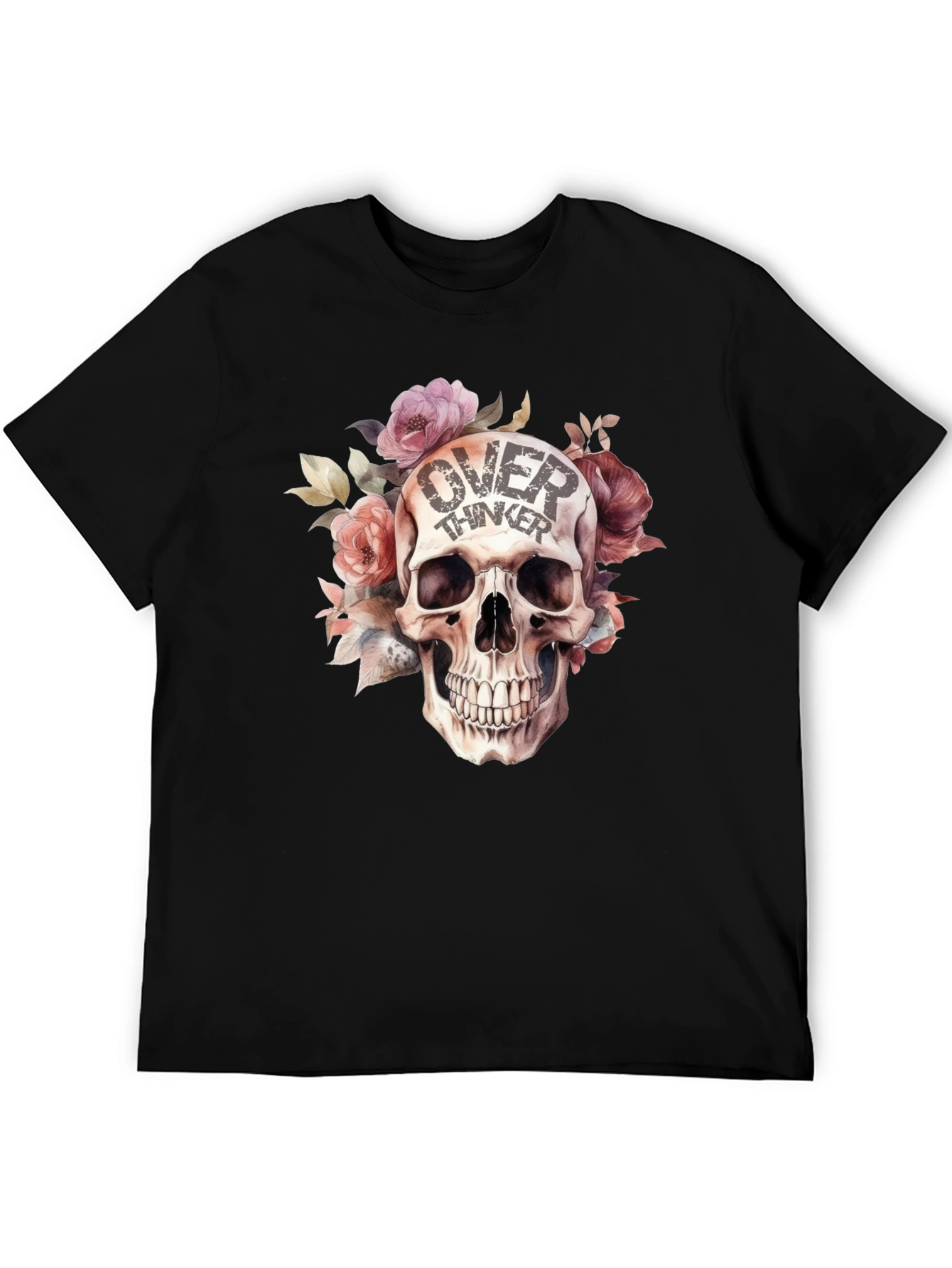 Black Over Thinker Skull Graphic T-Shirt - Stylish Floral Design view 5