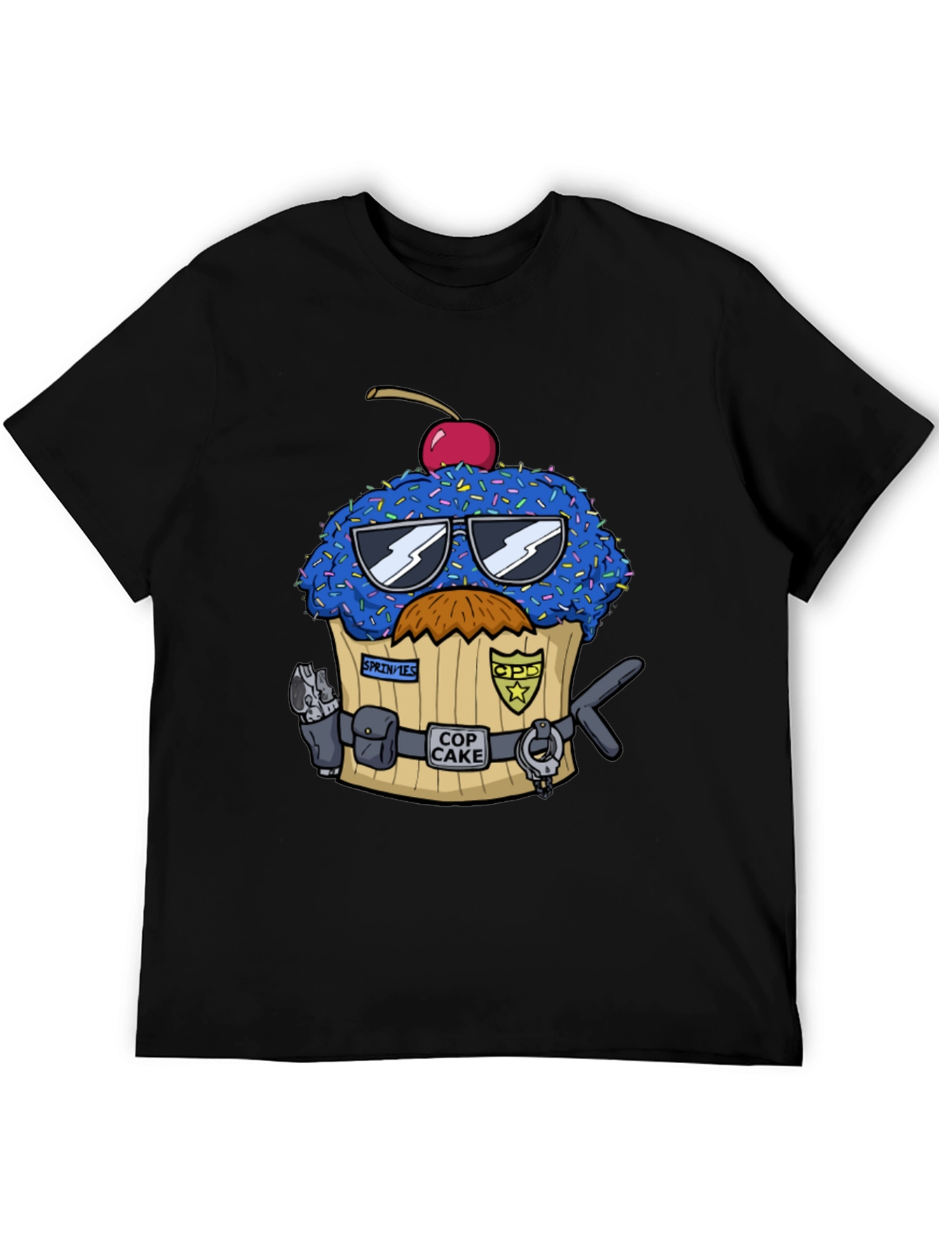 Black Cop Cake Graphic Tee - Humorous Police Cupcake T-Shirt view 5