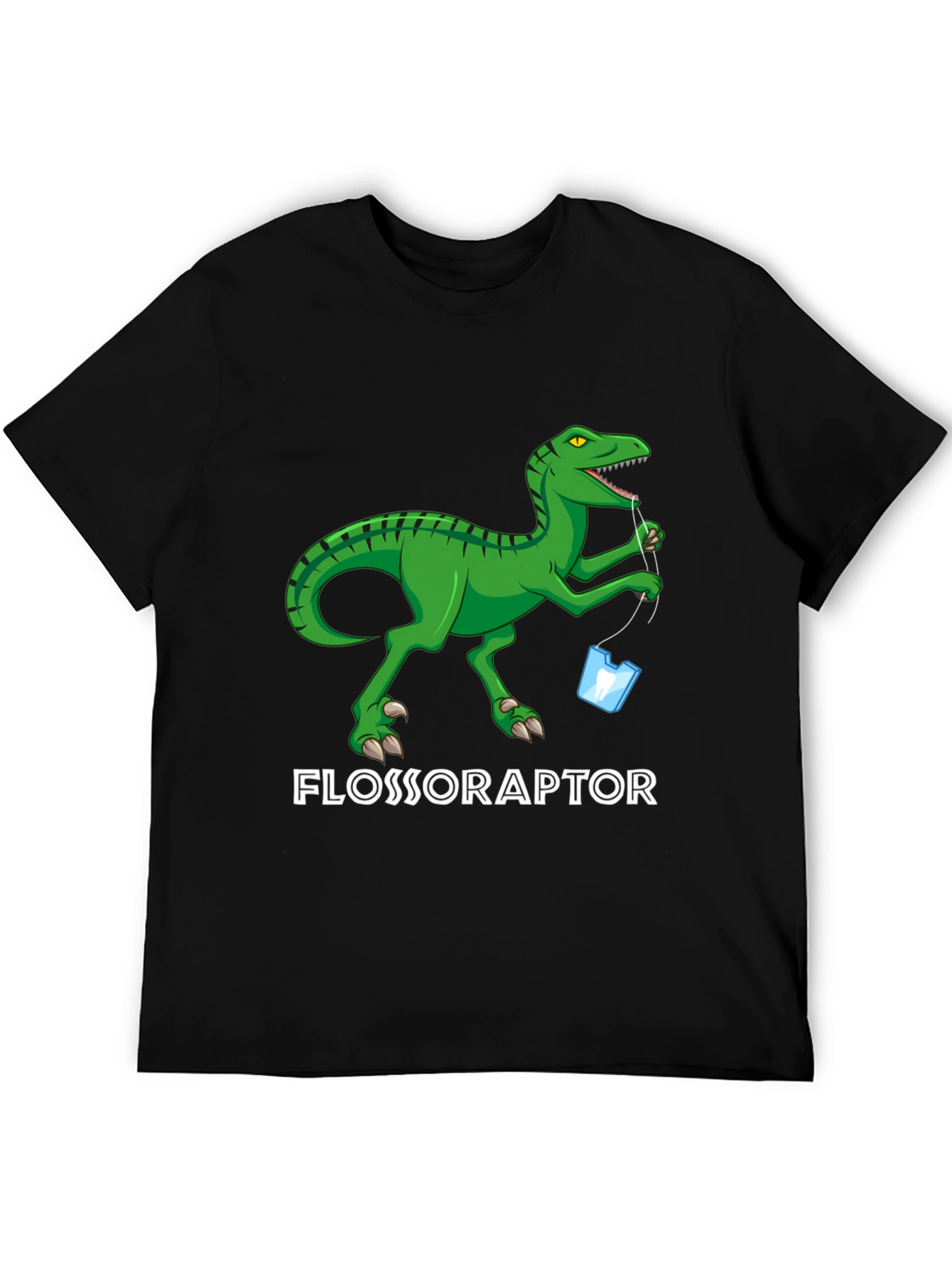 Black Flossoraptor Graphic Tee - Dental Humor Dinosaur T-Shirt view 5