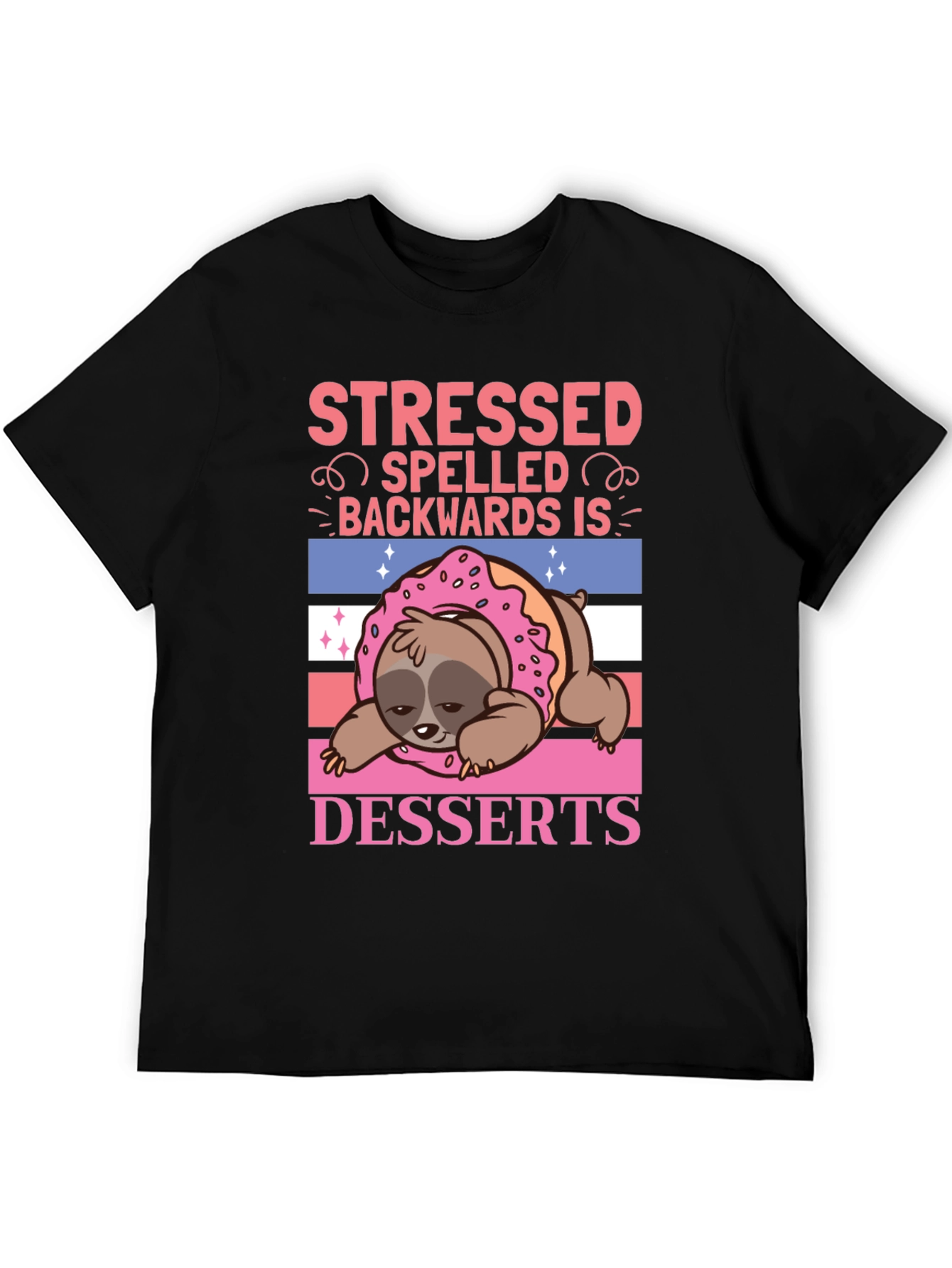 Black Stressed Backwards Desserts Sloth T-Shirt view 5