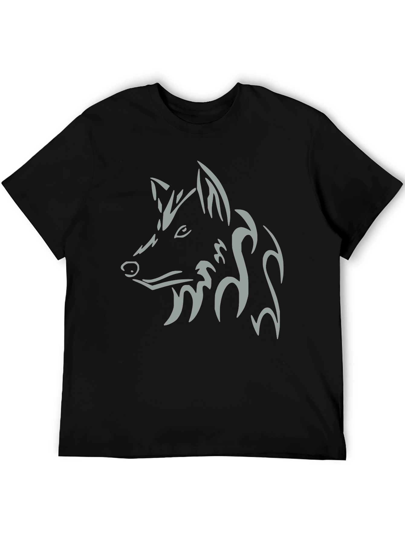 Men's Black T-Shirt with Tribal Wolf Design - 5