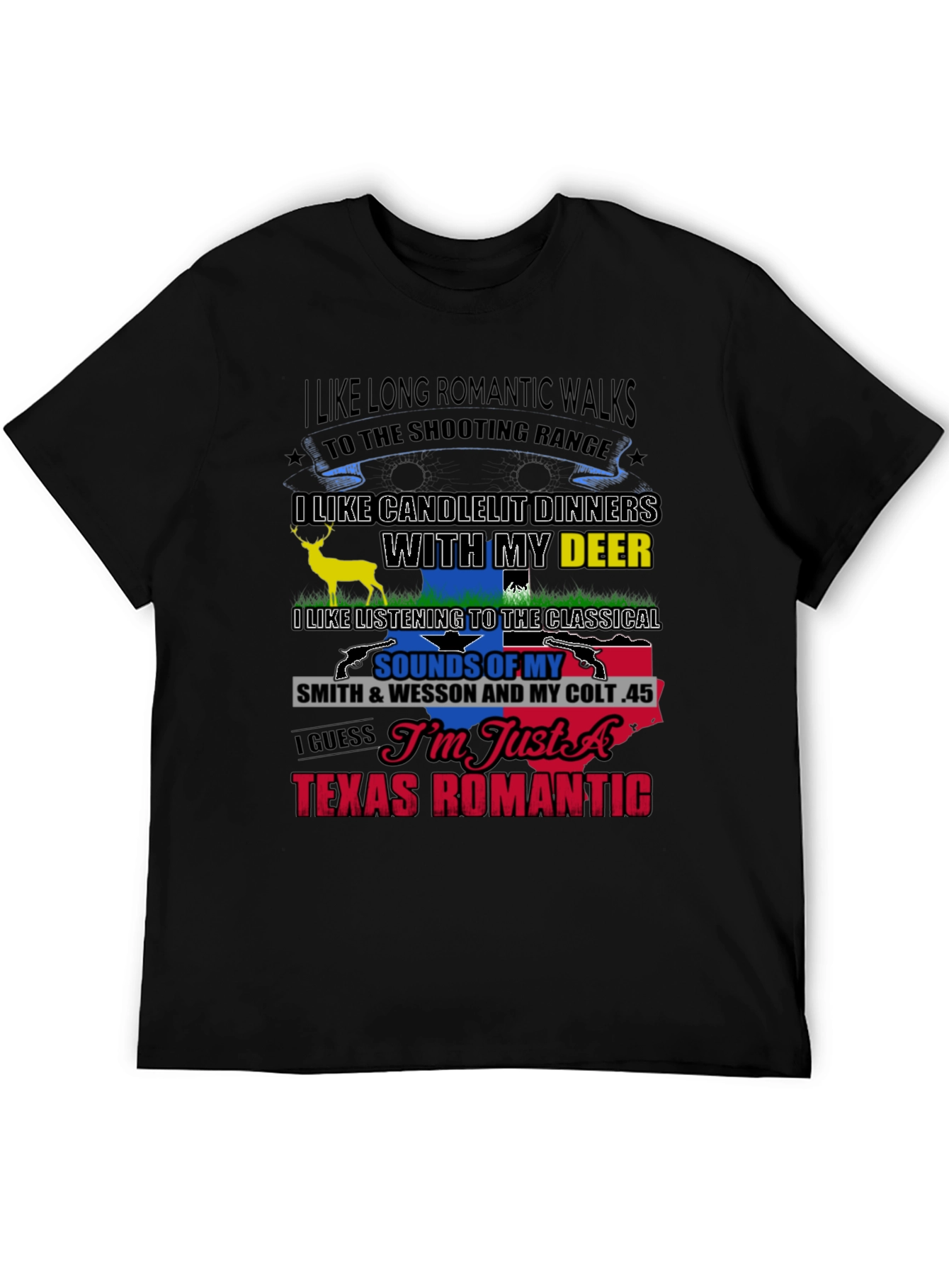 Black Texas Romantic T-Shirt: Guns & Deer view 5
