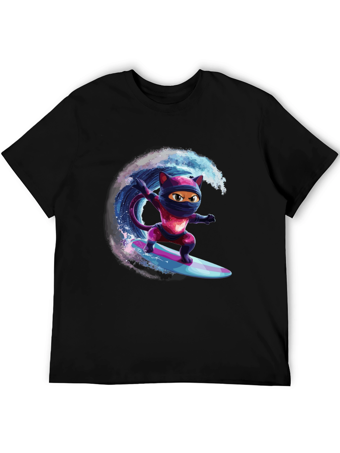 Black Ninja Cat Surfing T-Shirt - Cool Graphic Tee view 5