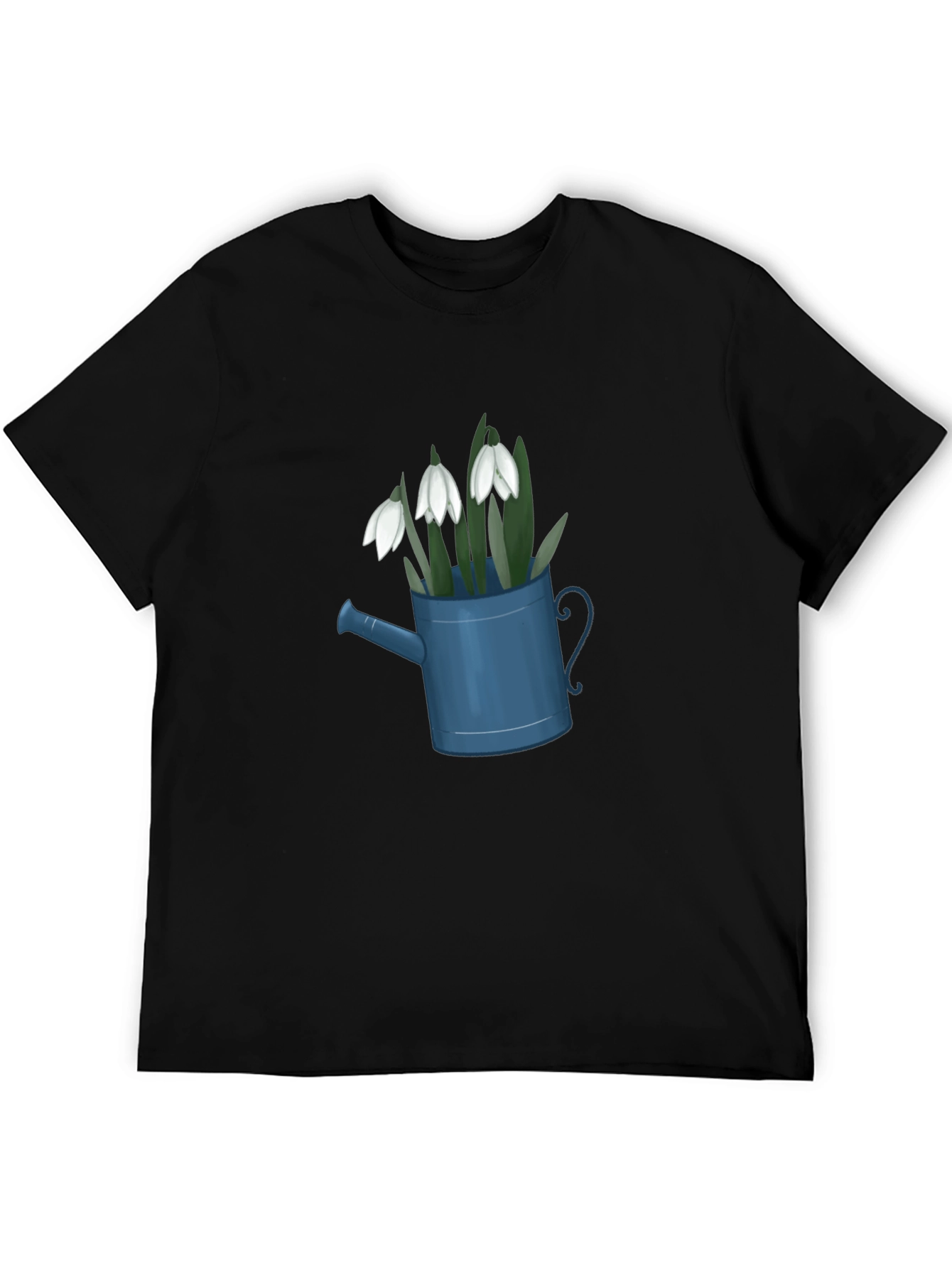 Black Snowdrop Flowers in Watering Can Black T-Shirt view 5