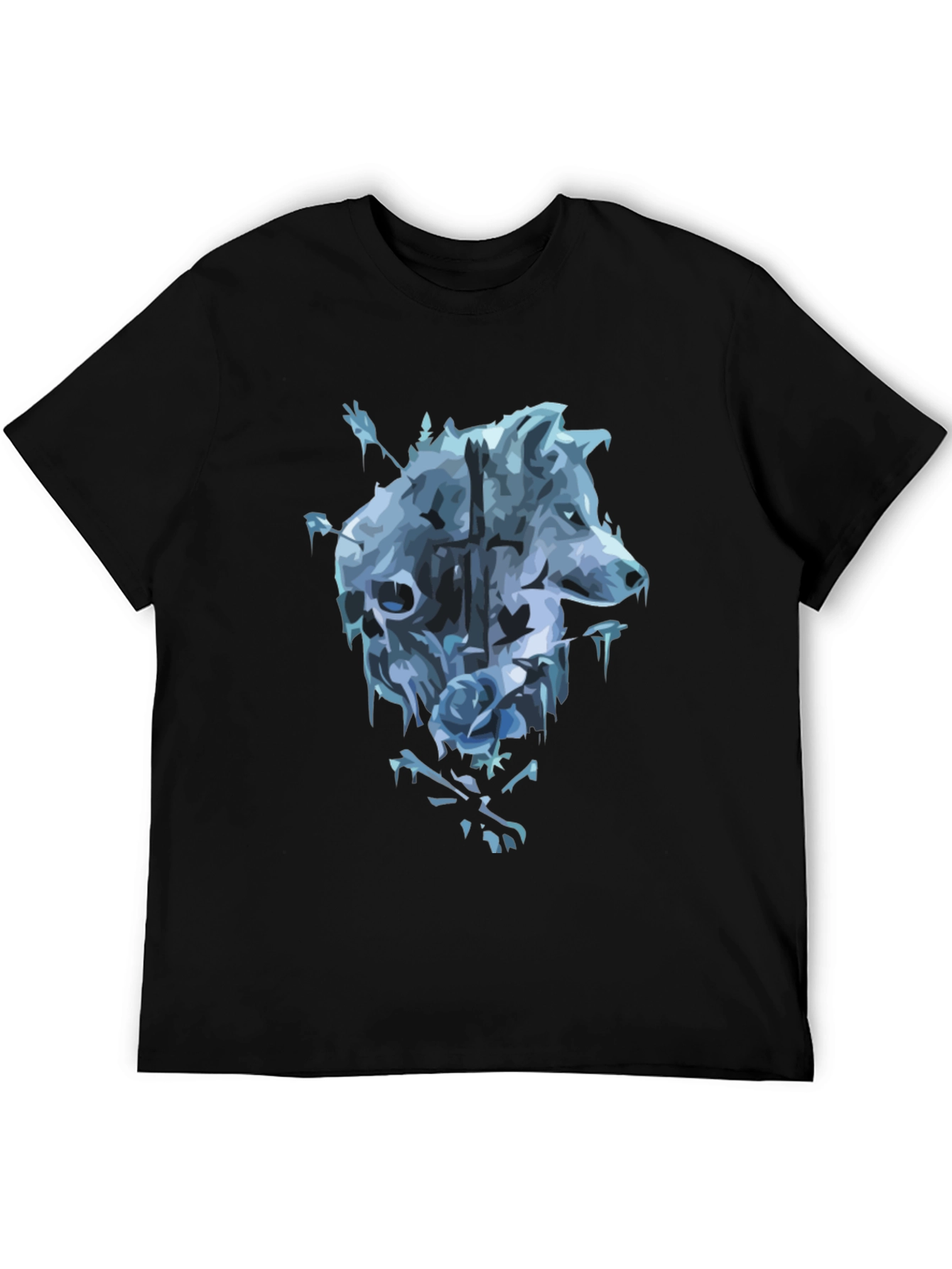 Black Wolf Skull Rose Graphic T-Shirt - Men's Black Tee view 5