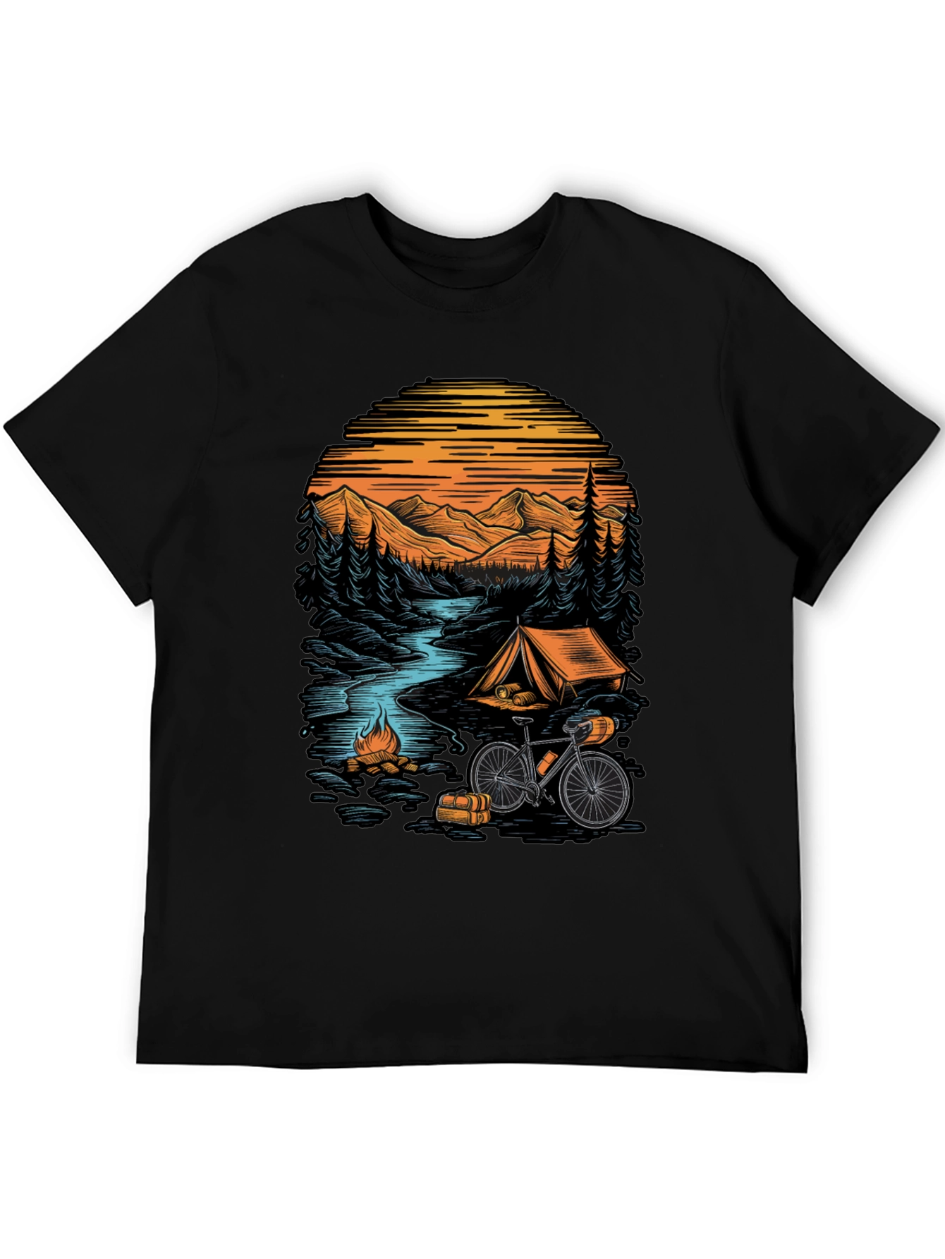 Black Adventure Camping T-Shirt - Mountain & Bicycle Design view 5
