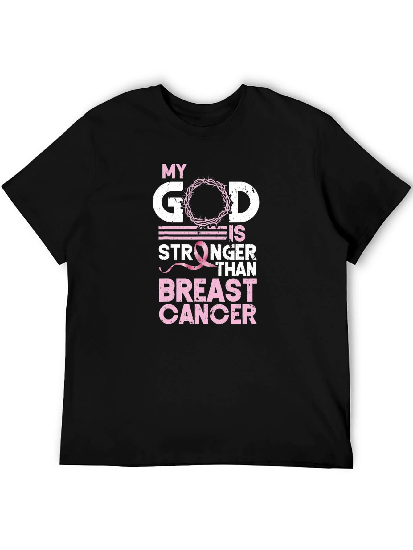 Black My God is Stronger Than Breast Cancer Awareness T-Shirt view 5