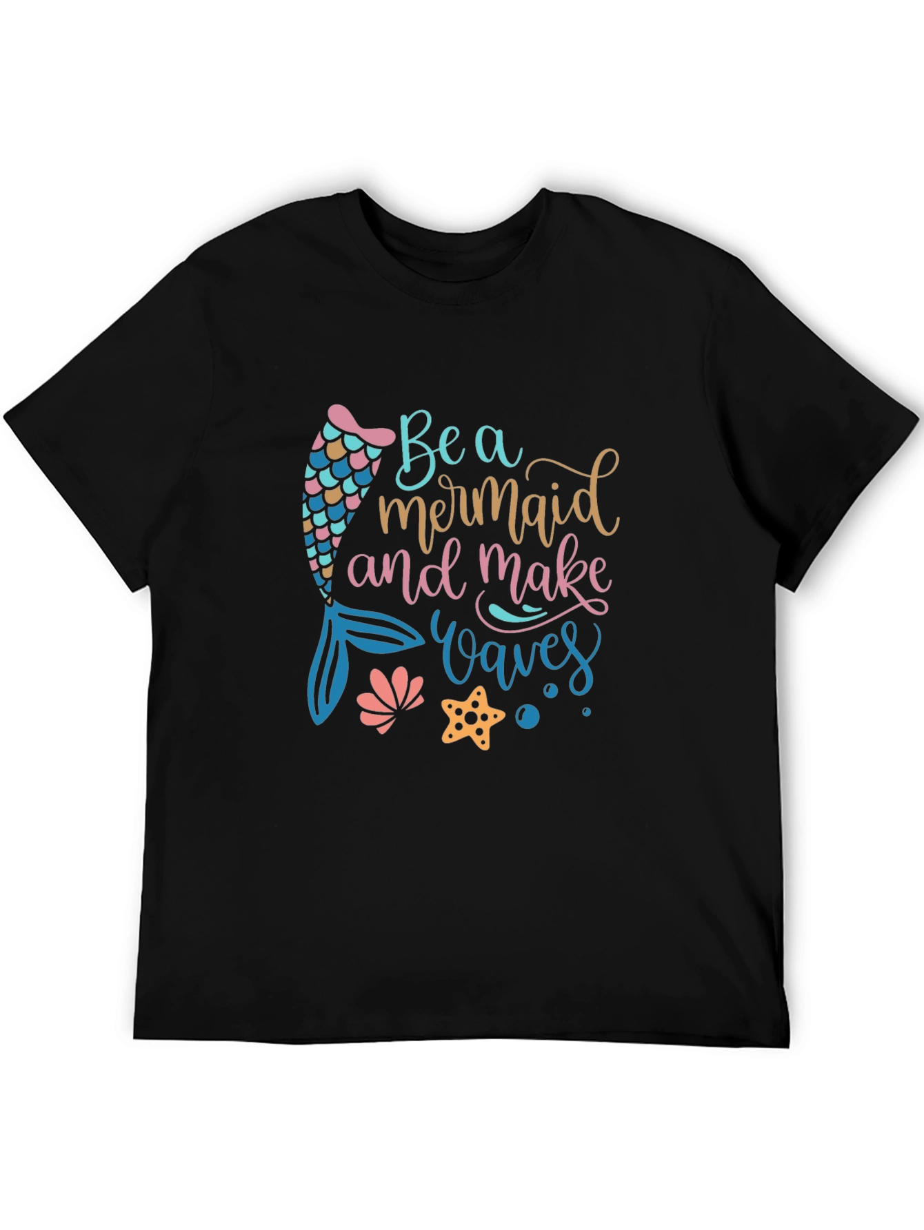 Black Mermaid Waves Graphic Tee - Black Cotton Casual T-Shirt view 5