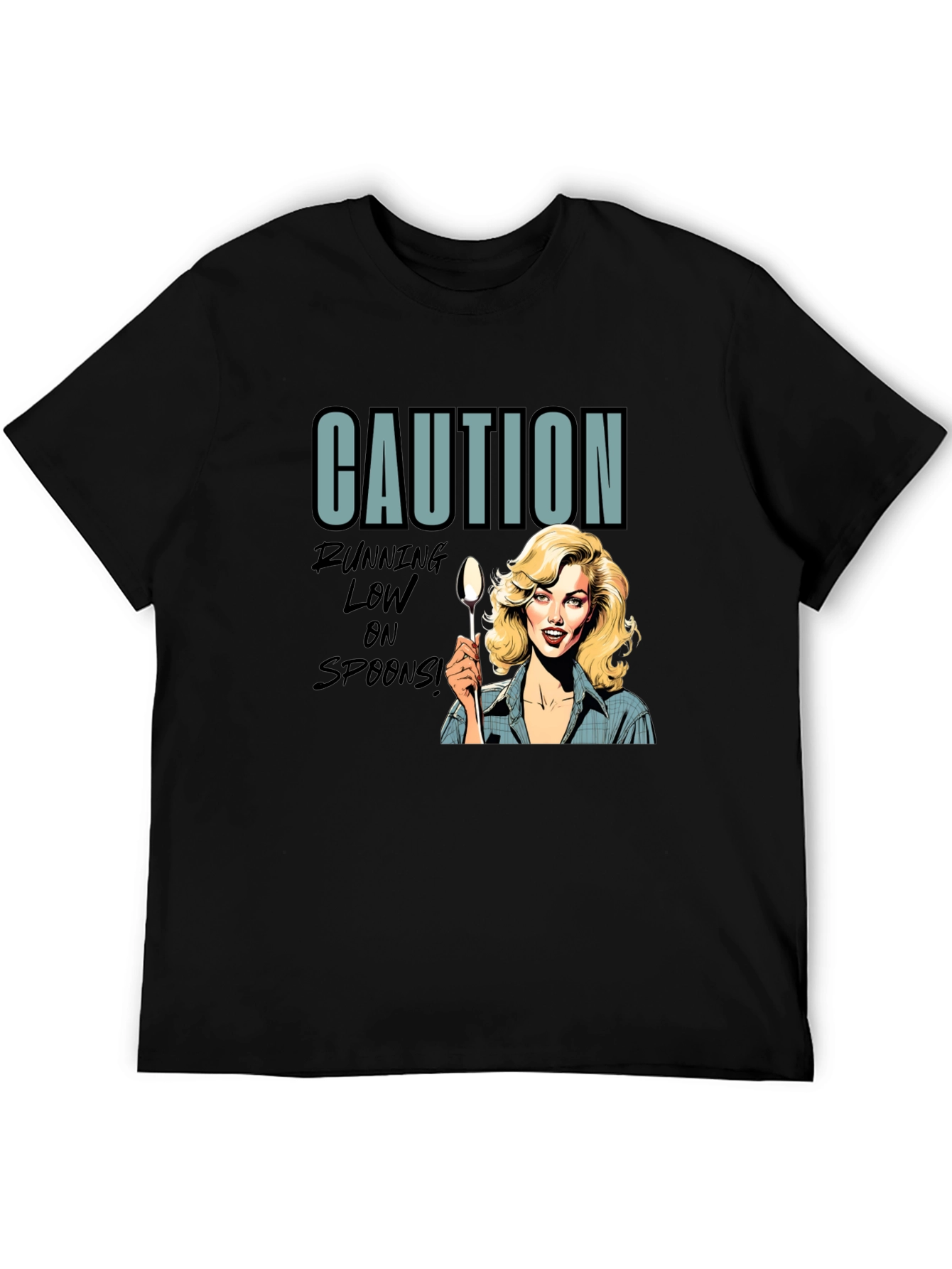 Black Caution Running Low On Spoons T-Shirt view 5