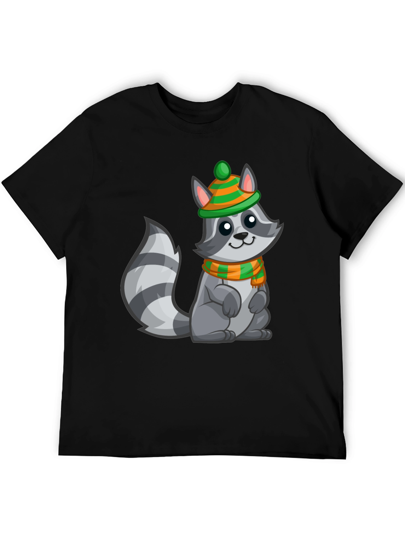Black Cute Raccoon T-Shirt with Winter Hat and Scarf - Unisex Tee view 5