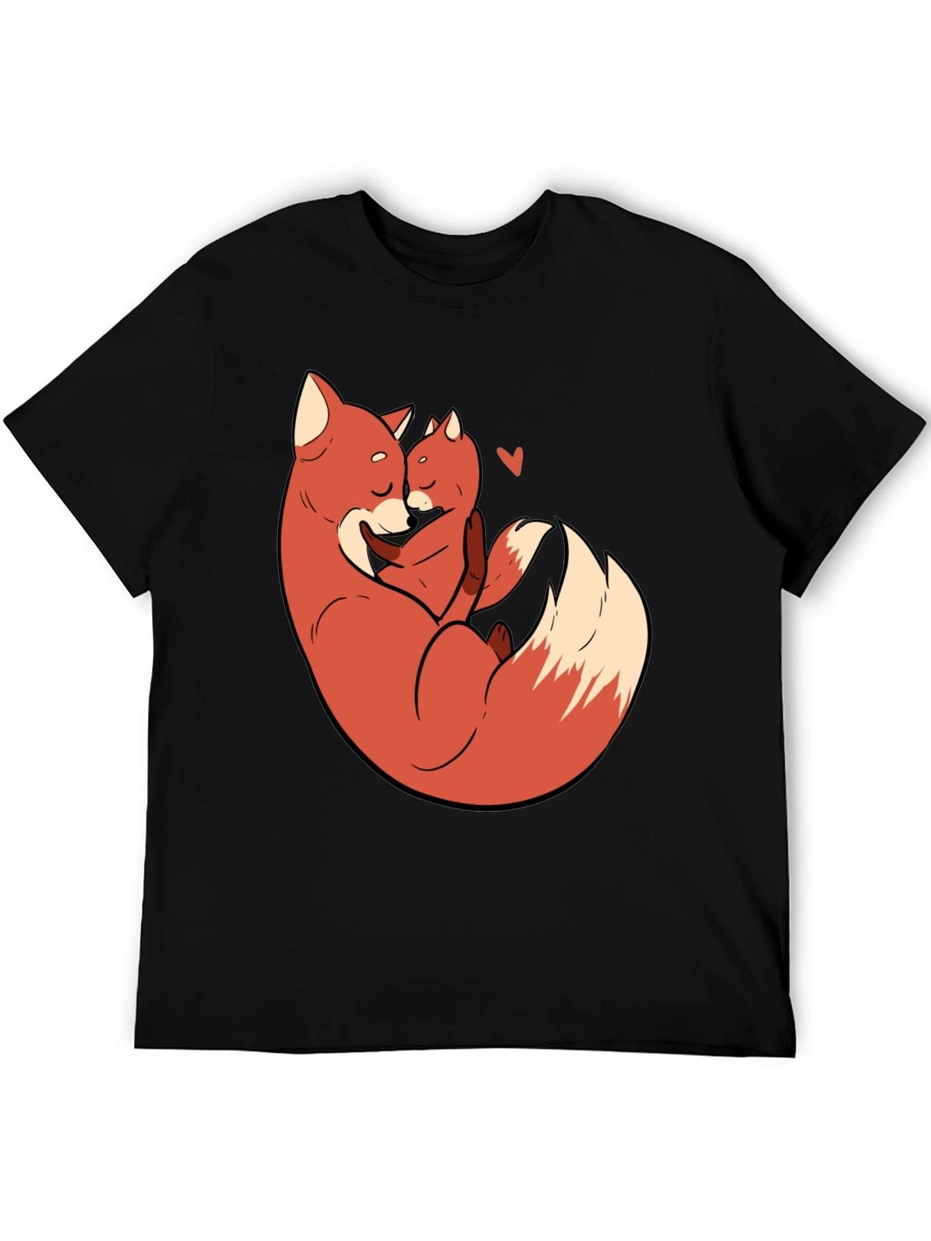 Black Fox Mom & Cub Love T-Shirt - Black, Cartoon Design view 5