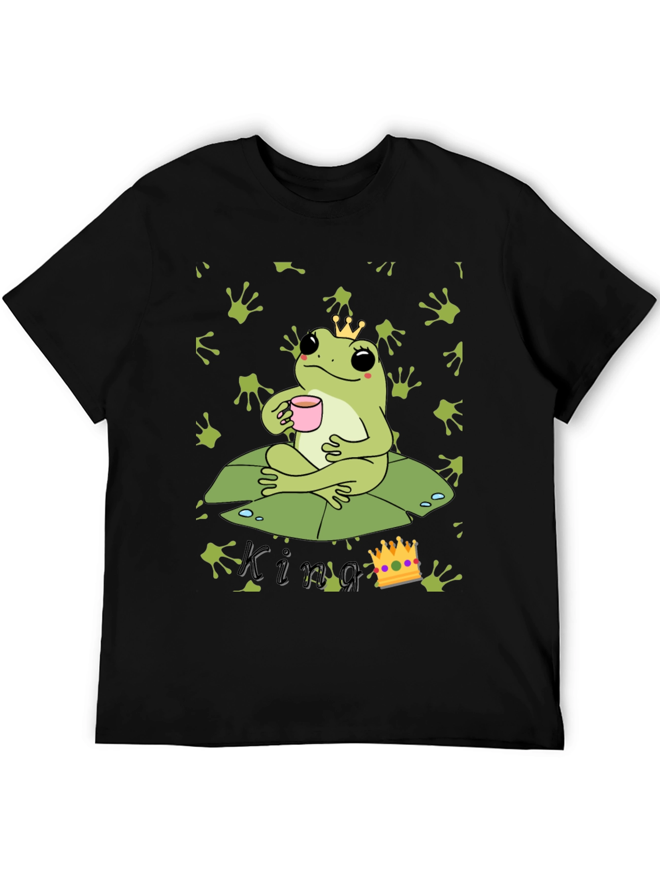 Black Frog King T-Shirt - Cute Frog with Crown Drinking Tea view 5