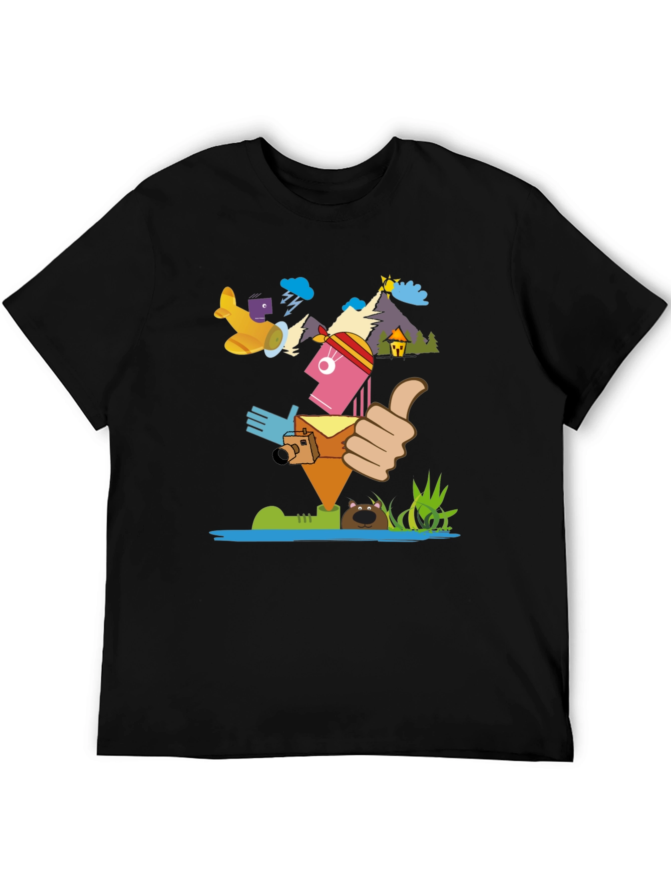 Black Funky Graphic Print Tee - Travel Adventure Theme view 5