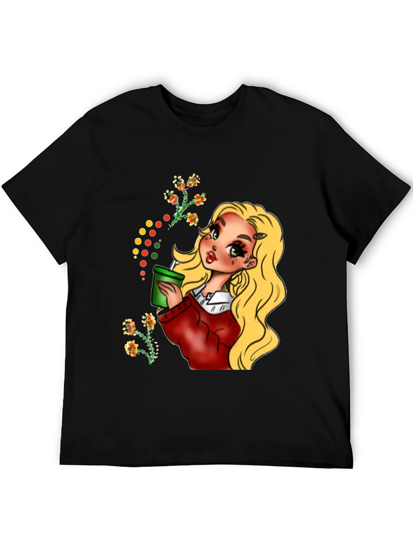 Black Blonde Cartoon Girl Black T-Shirt view 5