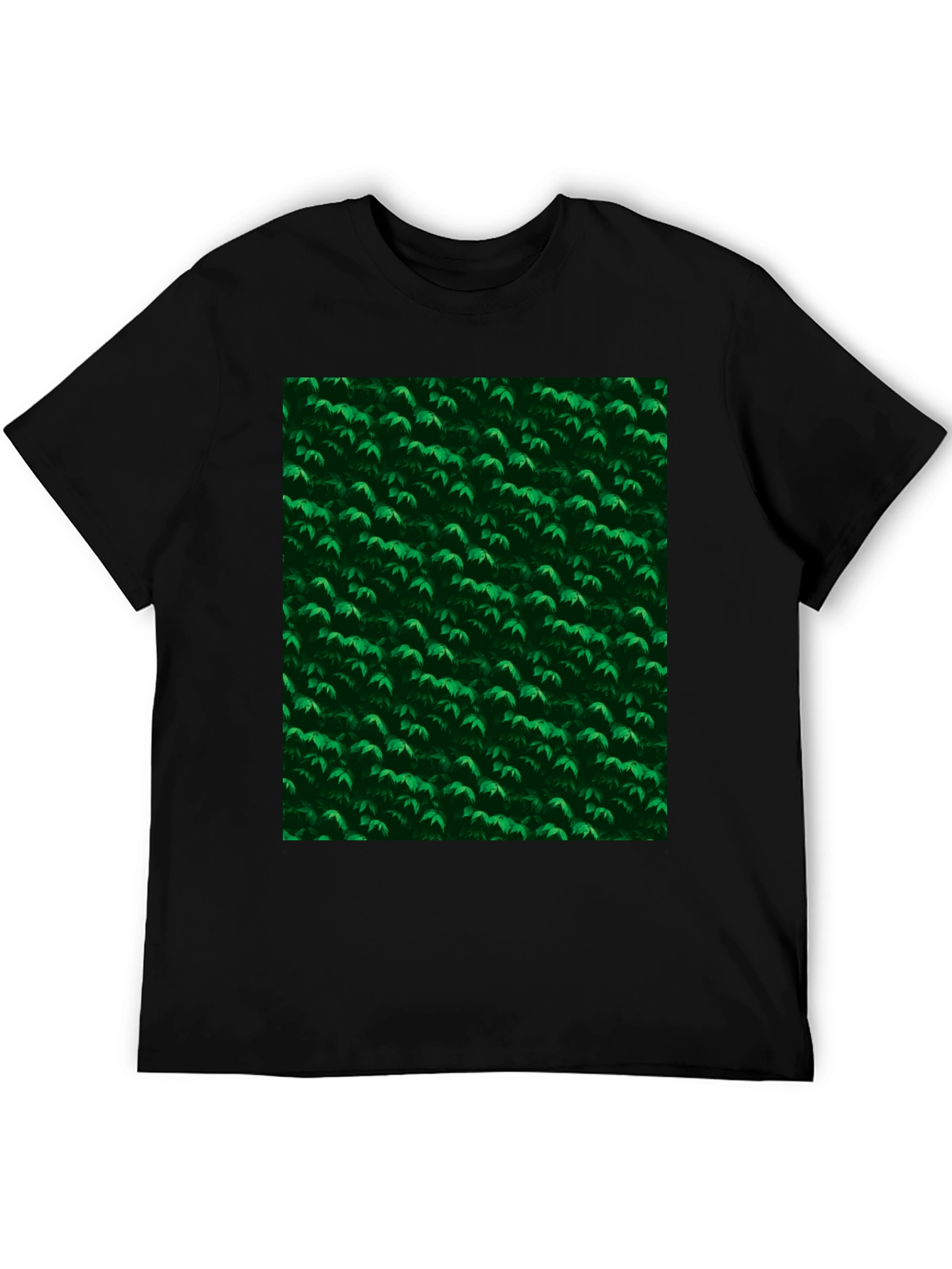 Black Green Leaves Pattern Black T-Shirt view 5