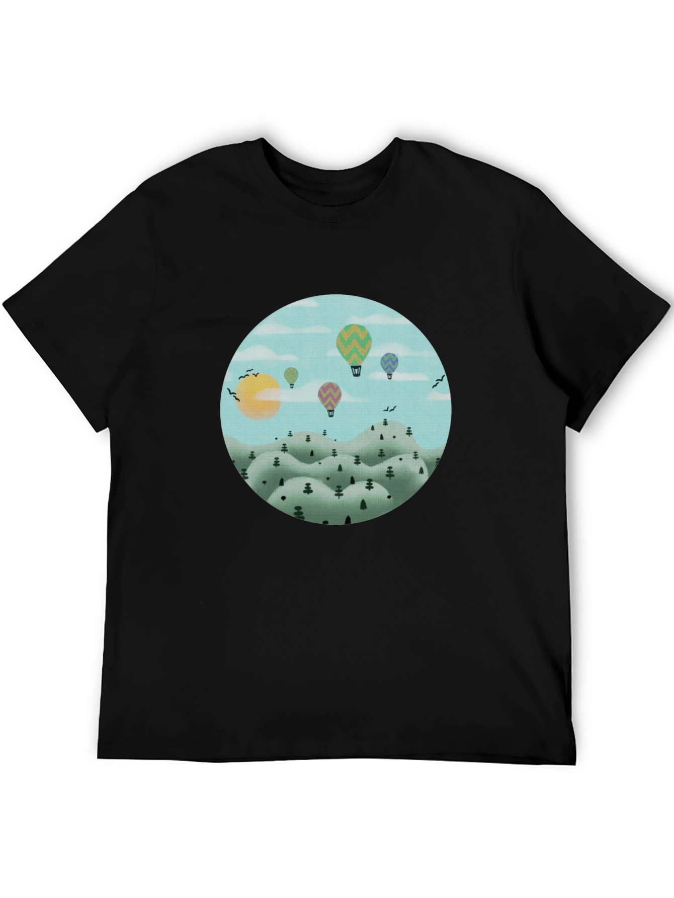 Black Hot Air Balloon Landscape Graphic Tee - Black Cotton view 5