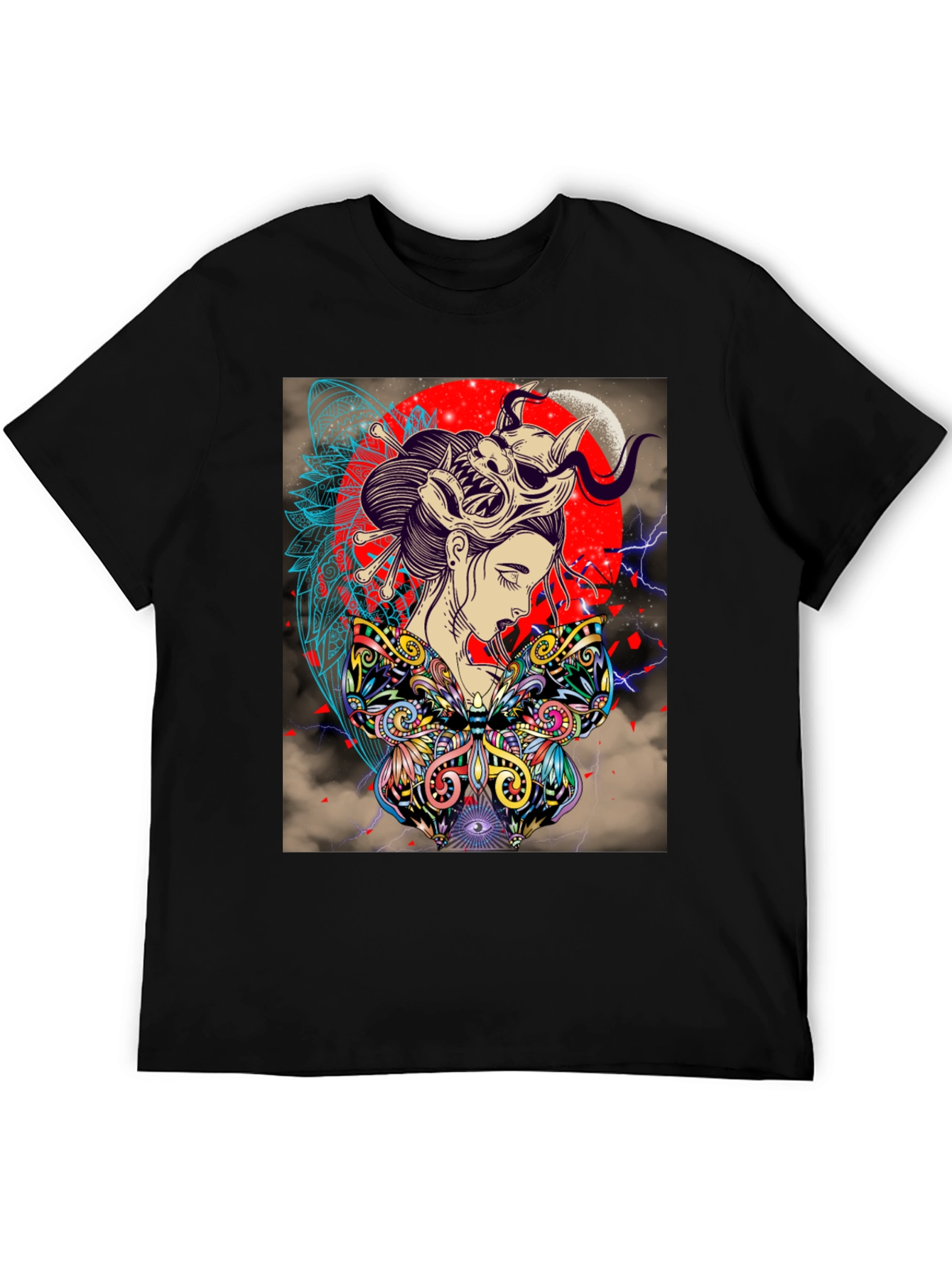 Black Geisha Mask Graphic Print Black T-Shirt view 5