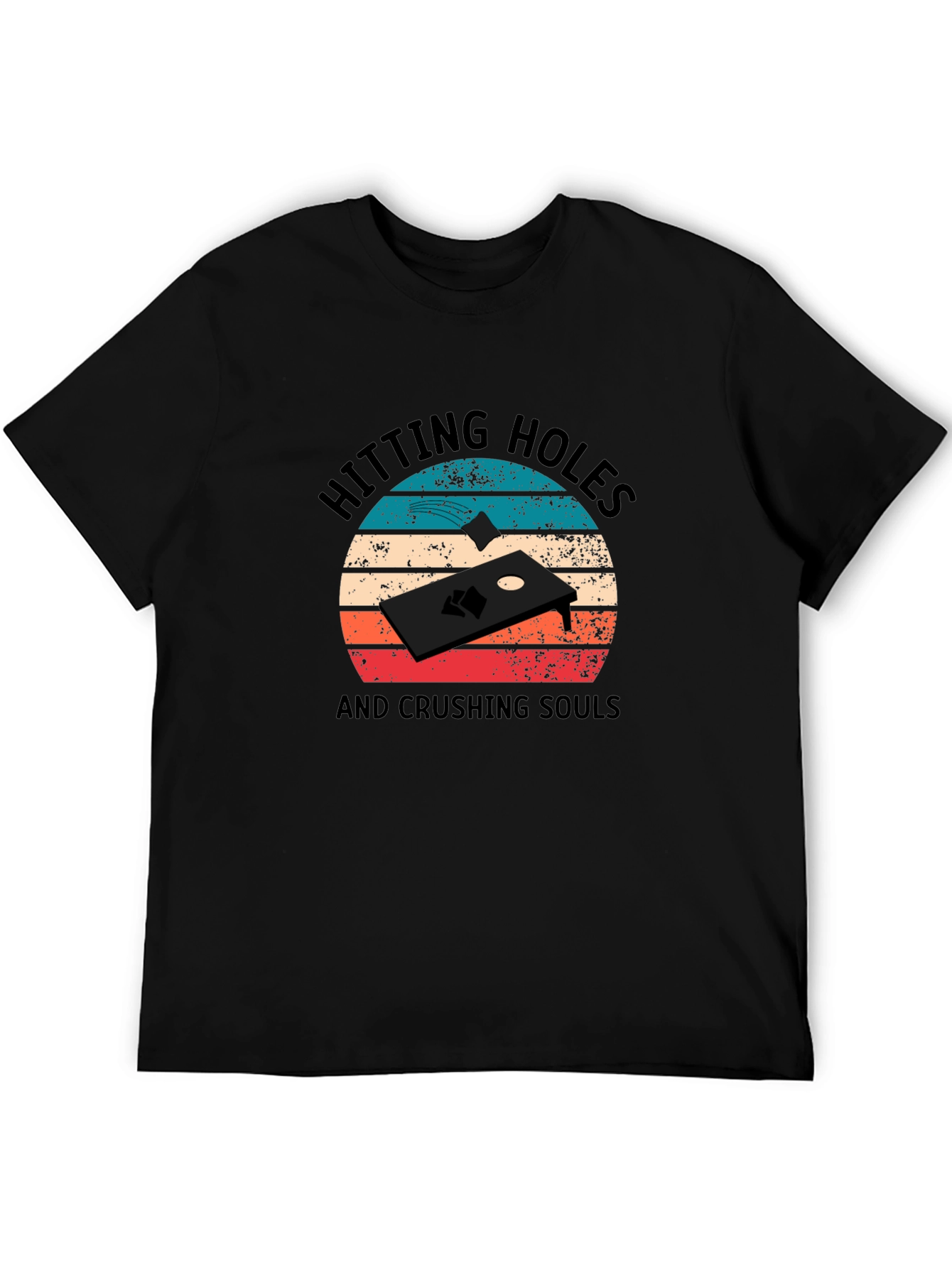 Black Hitting Holes Cornhole T-Shirt view 5