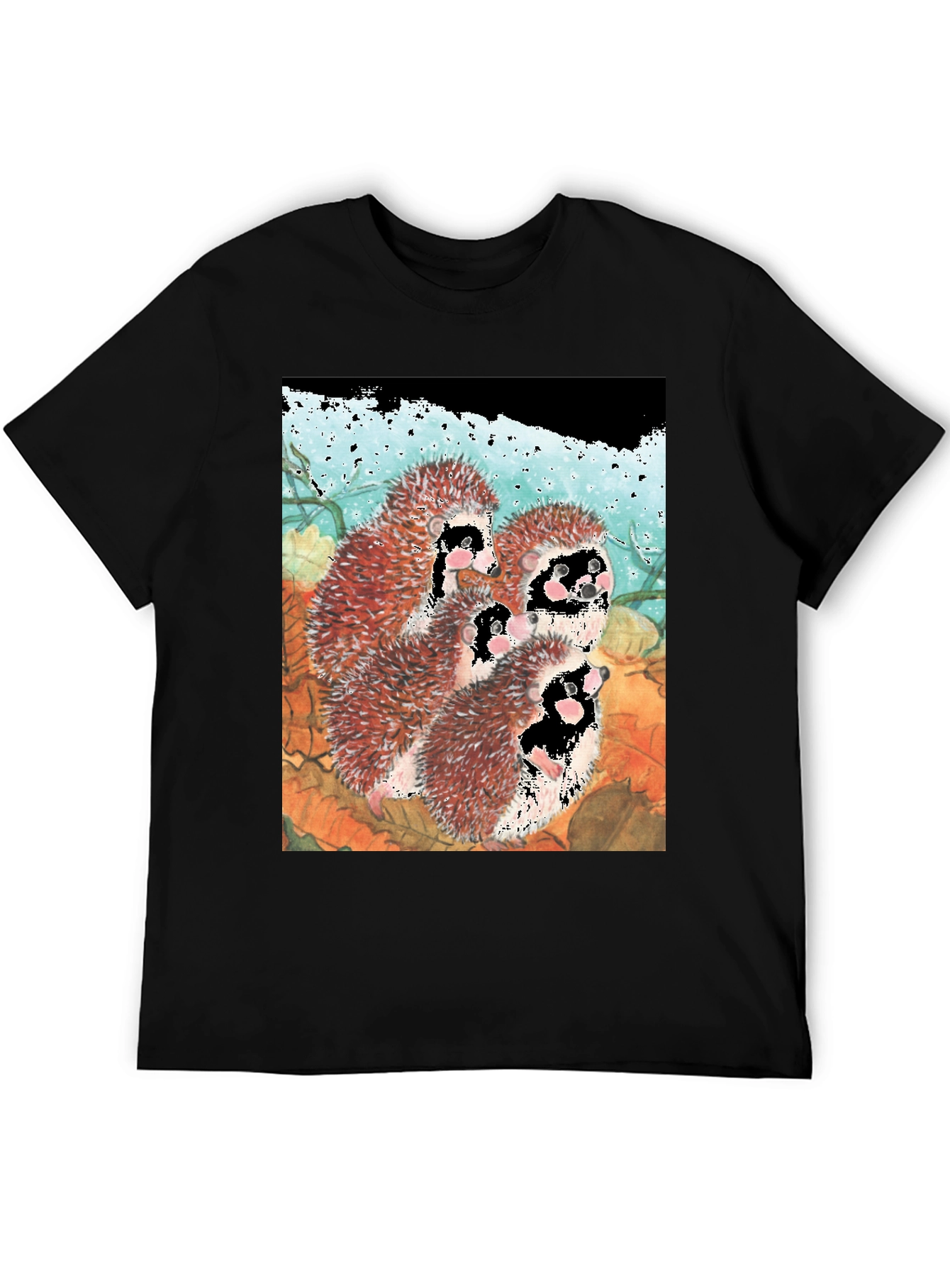 Black Hedgehog Family T-Shirt - Black Cotton Tee view 5