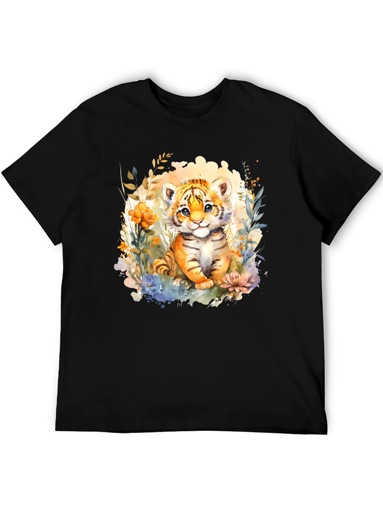 Black Cute Tiger Cub Floral Graphic T-Shirt view 5