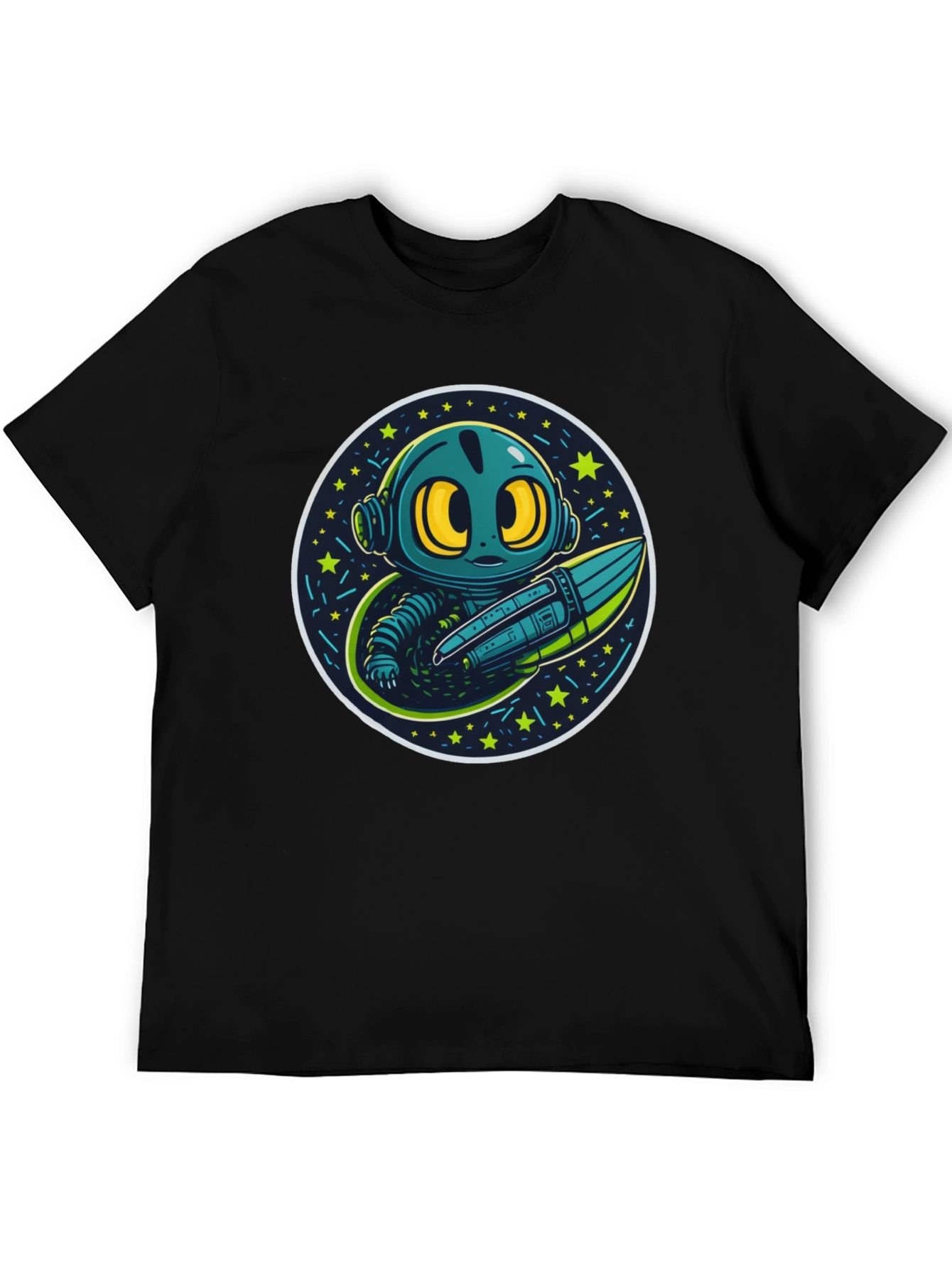 Black Cartoon Alien Rocket Black T-Shirt view 5