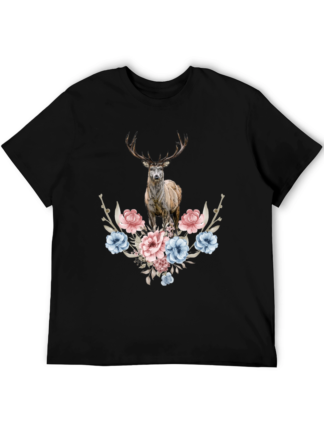 Black Floral Deer Graphic Tee - Men's Black T-Shirt view 5
