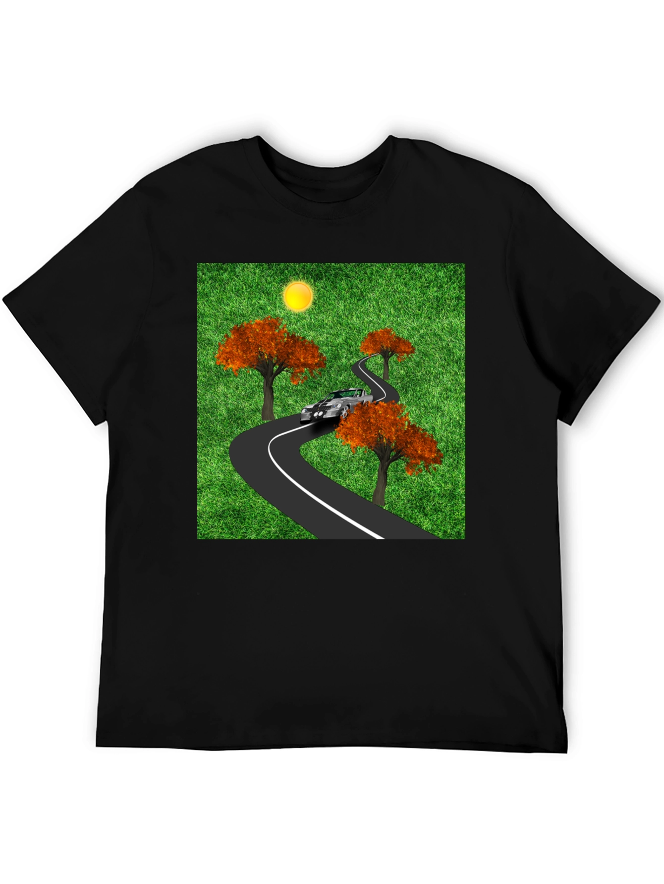Black Road Trip T-Shirt - Car, Trees, and Scenic Route view 5