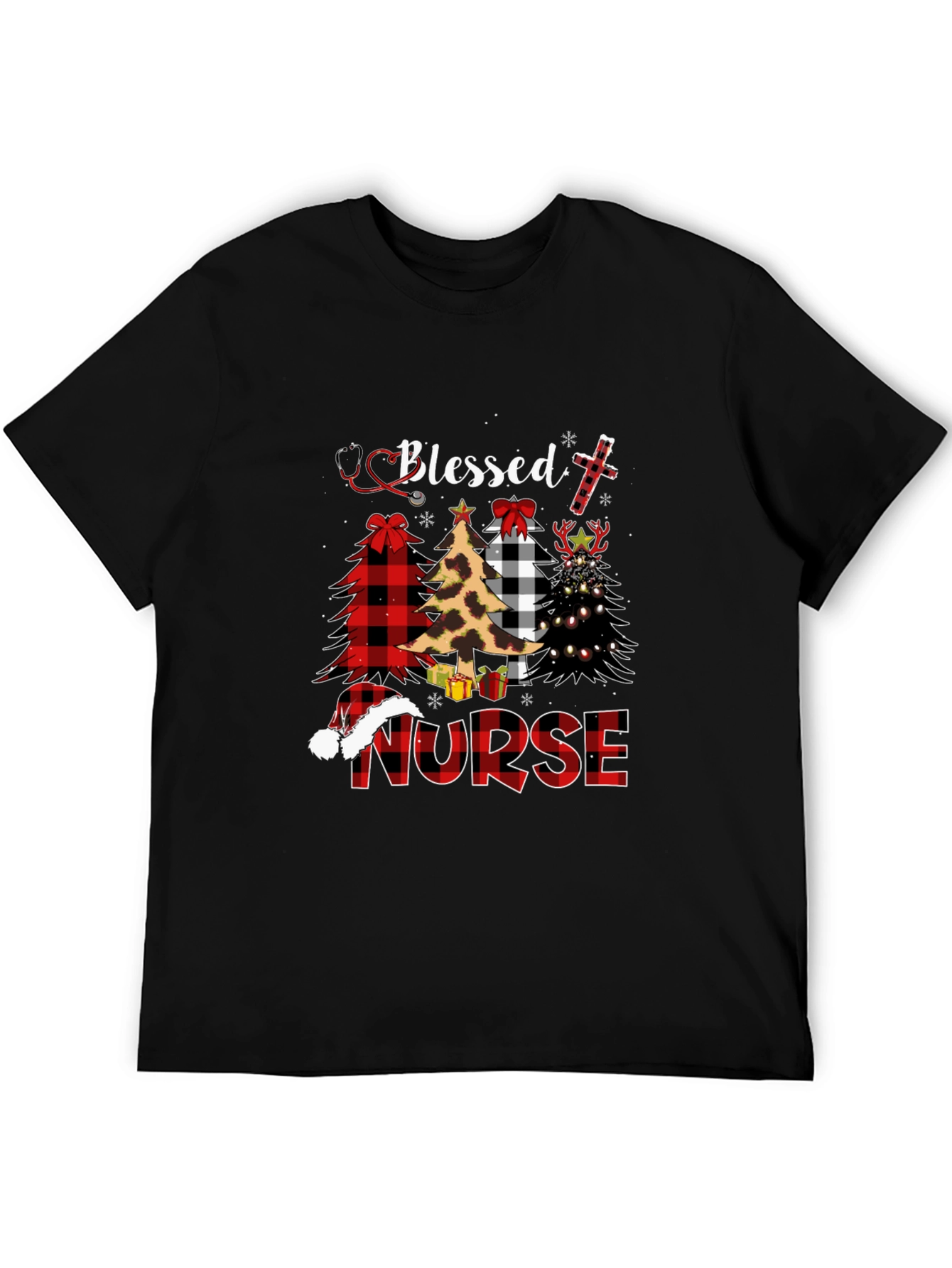 Black Blessed Nurse Christmas Tree Plaid T-Shirt view 5