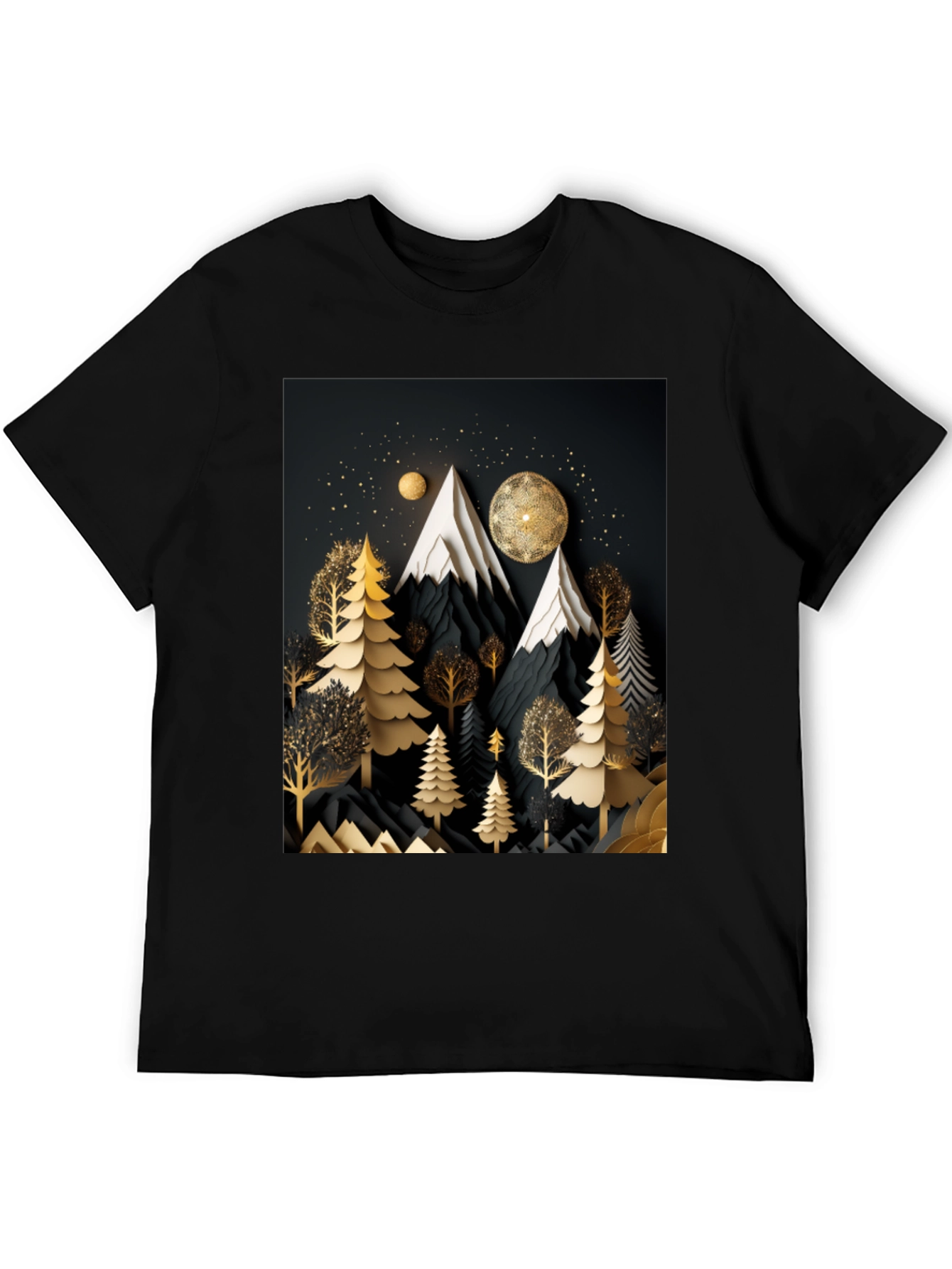 Black Elegant Mountain Forest T-Shirt view 5