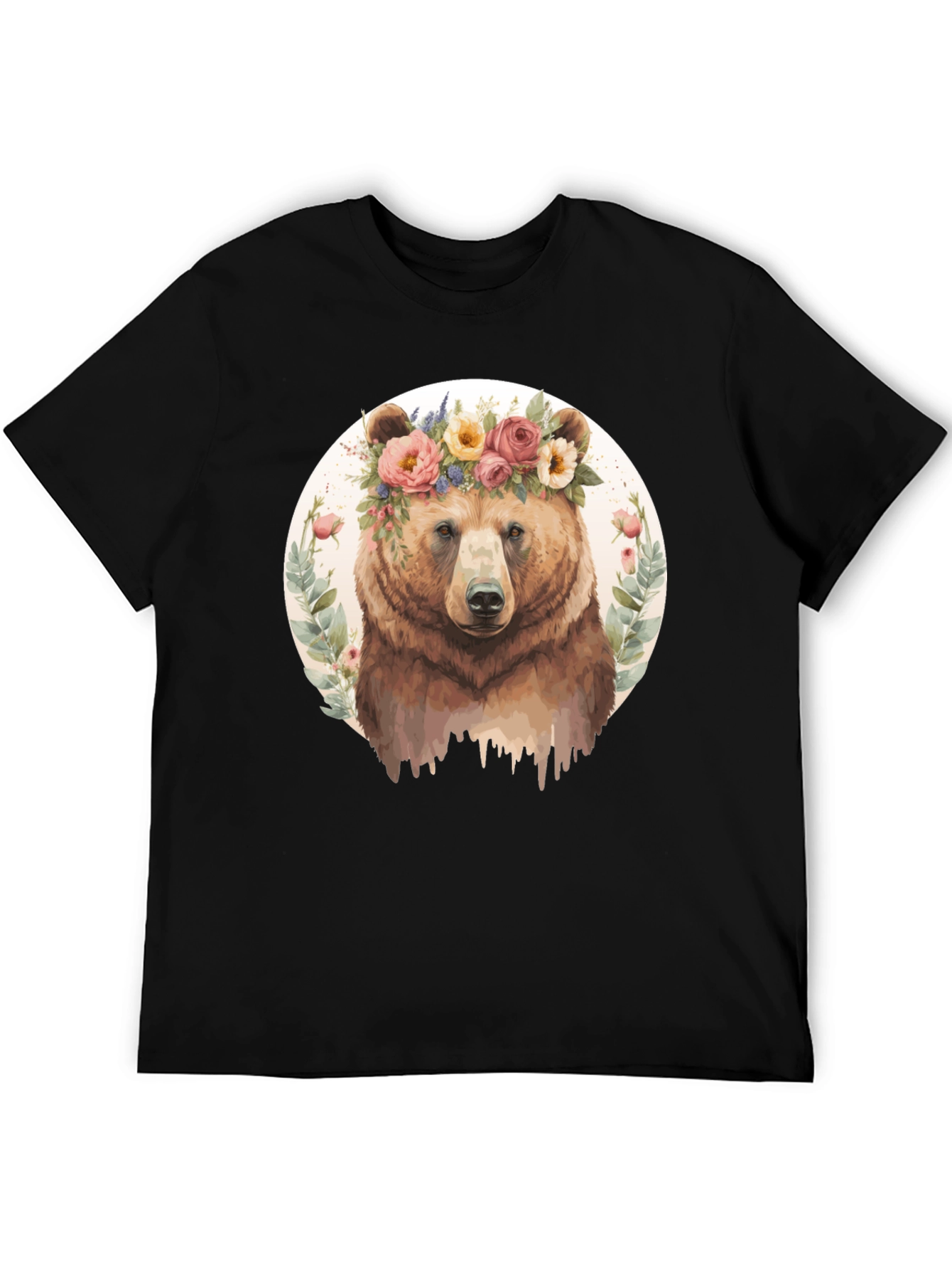 Black Floral Bear Graphic Tee - Men's Black T-Shirt view 5