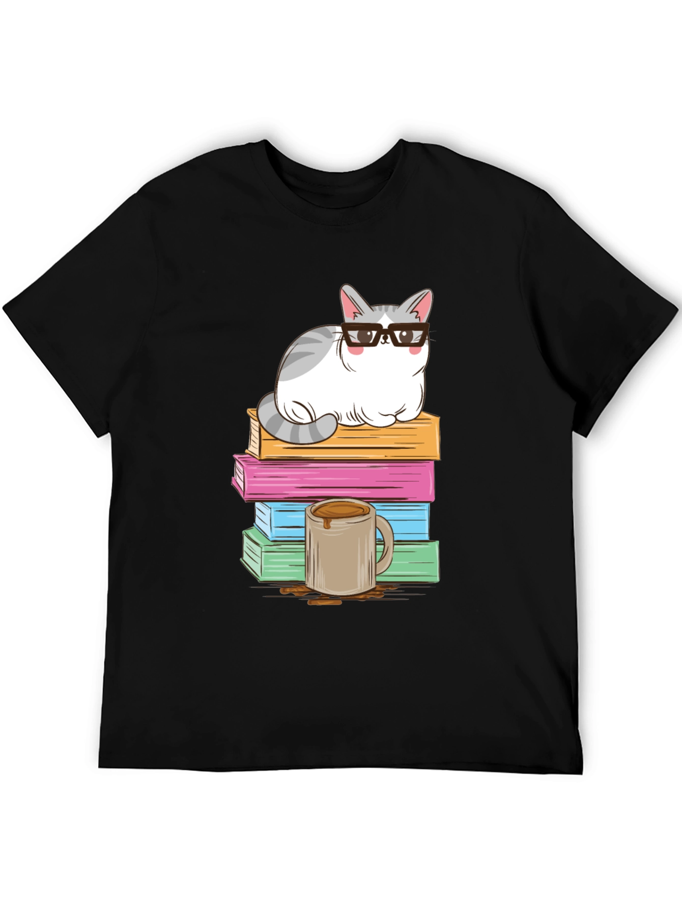 Black Cat with Glasses on Books T-Shirt view 5