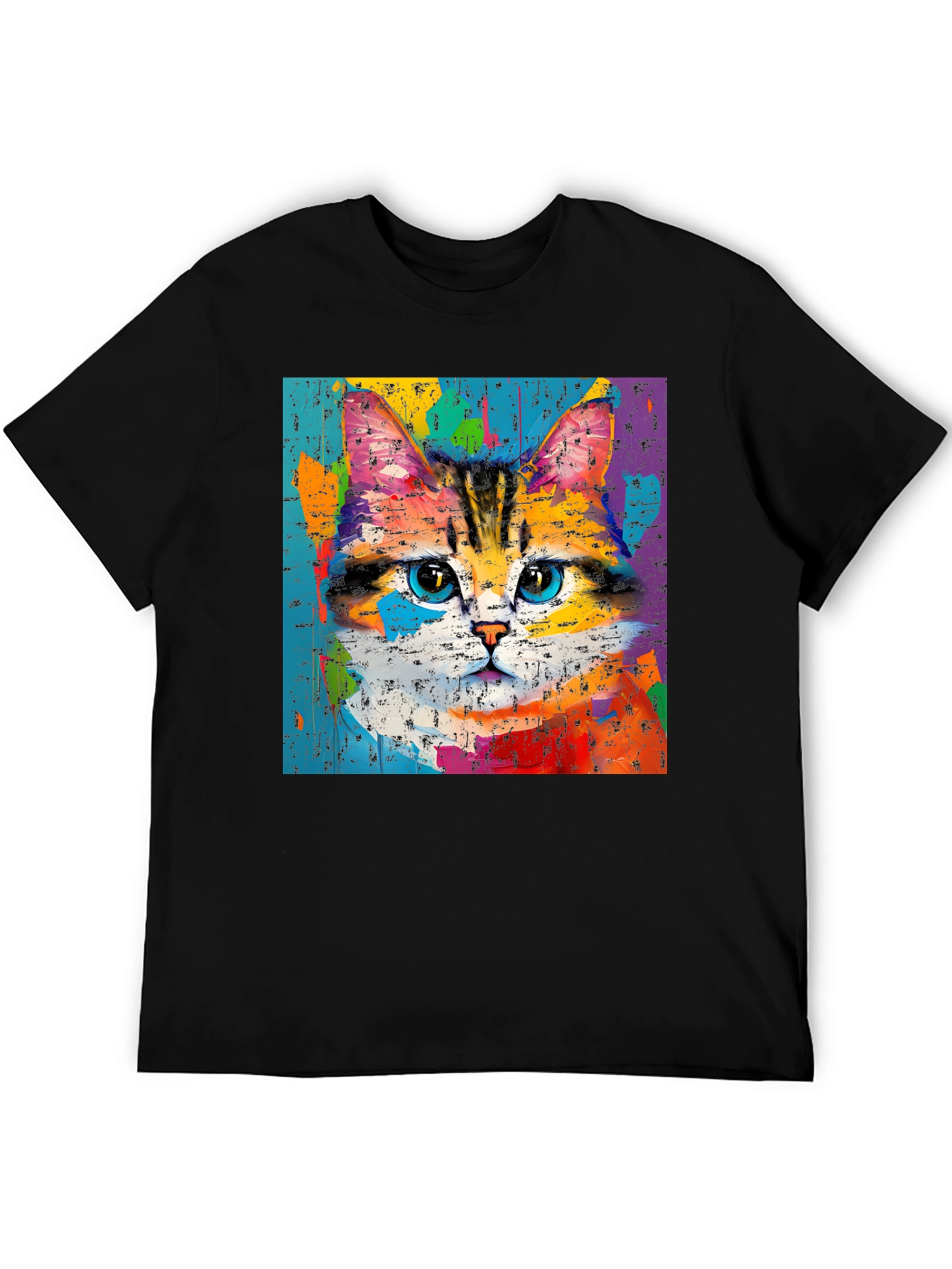 Black Colorful Cat Art T-Shirt view 5