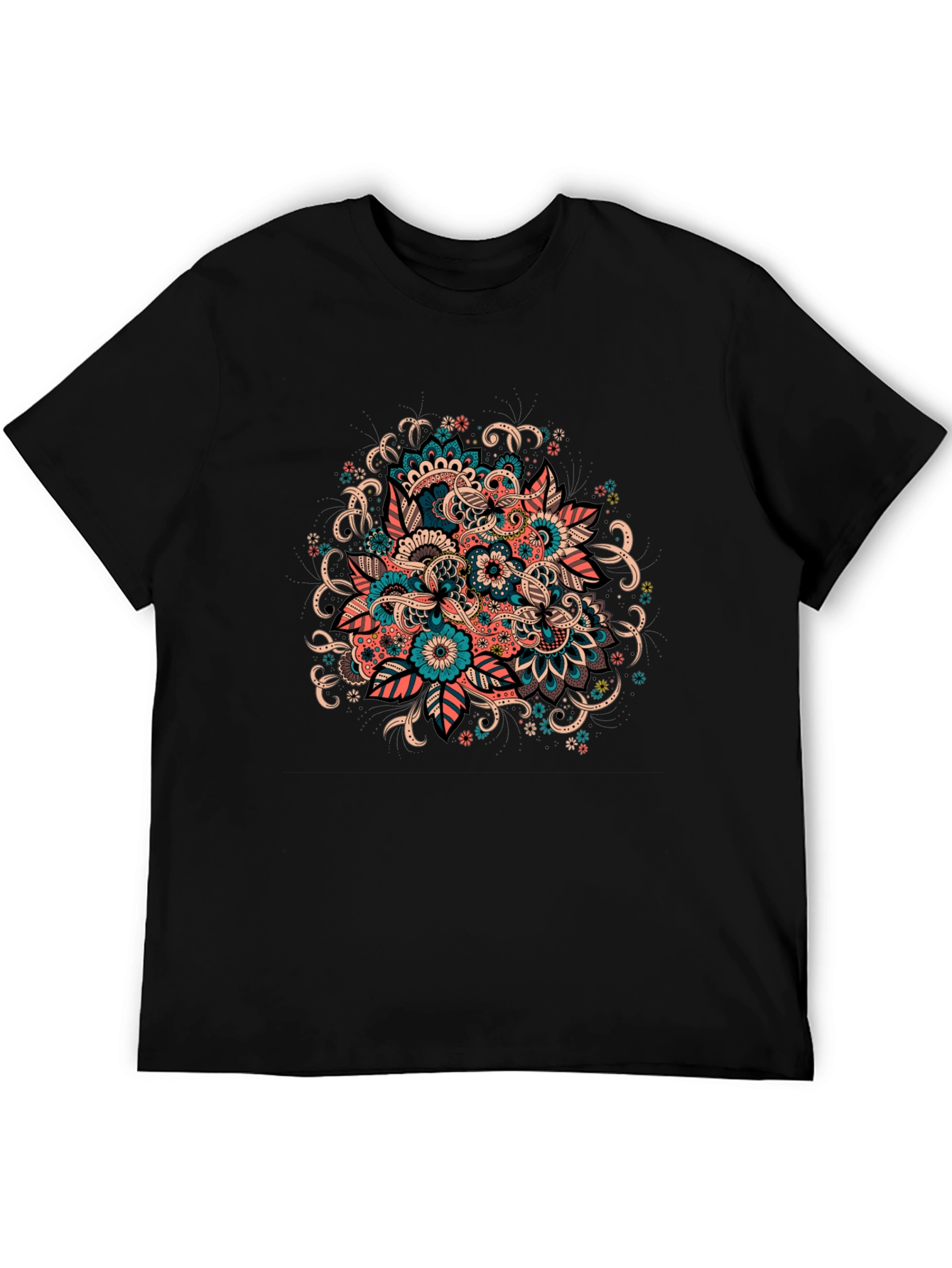 Black Floral Mandala Graphic Tee - Black Cotton T-Shirt view 5