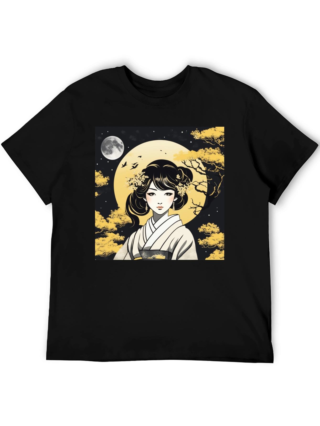 Black Asian Woman T-Shirt - Moonlit Kimono Design view 5