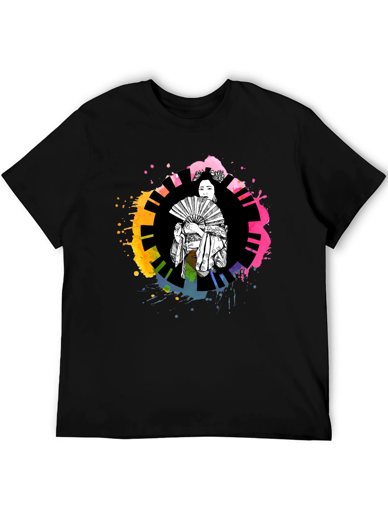 Black Geisha Art T-Shirt - Colorful Piano Design view 5
