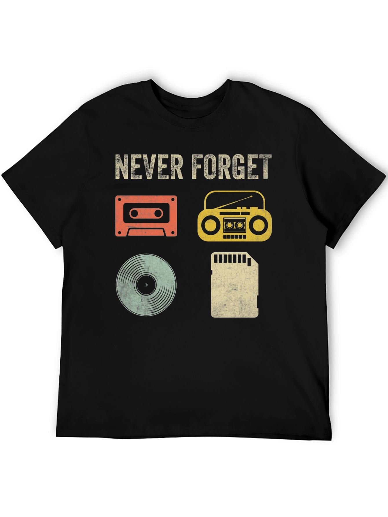 Black Retro Music T-Shirt - Never Forget Media Evolution view 5