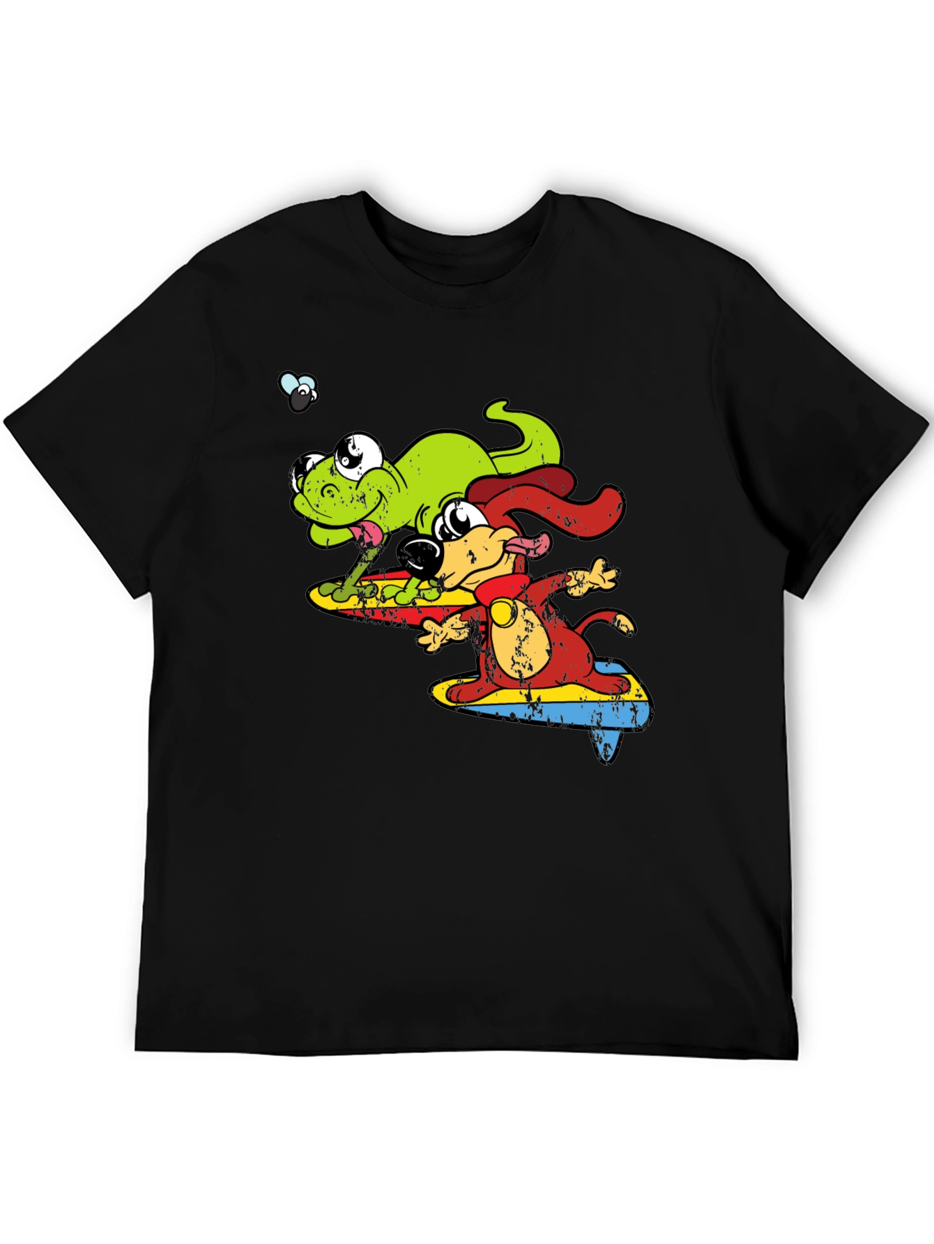 Black Cartoon Dog and Lizard Surfing Black T-Shirt view 5