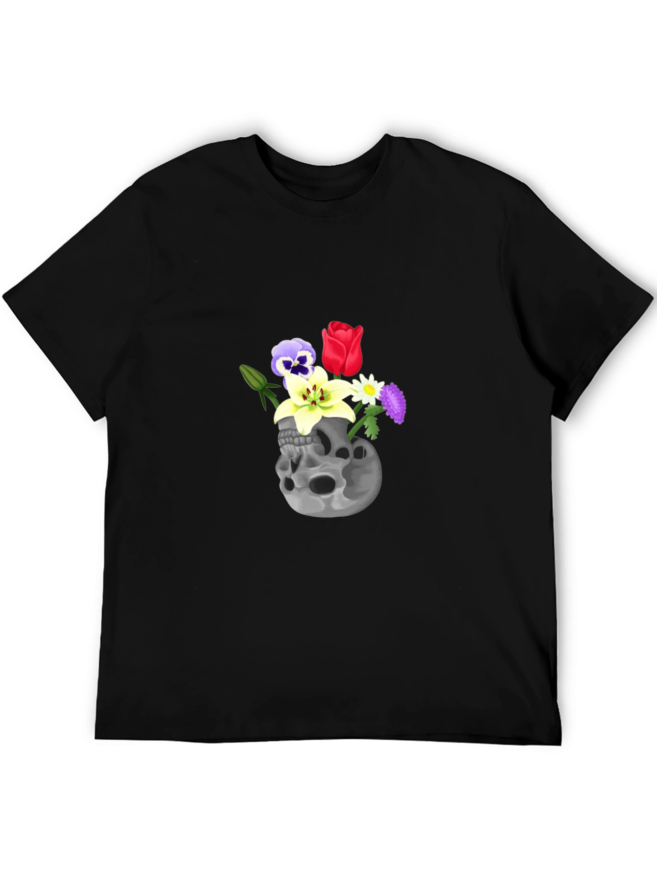 Black Skull & Flowers Graphic Tee - Black Cotton T-Shirt view 5