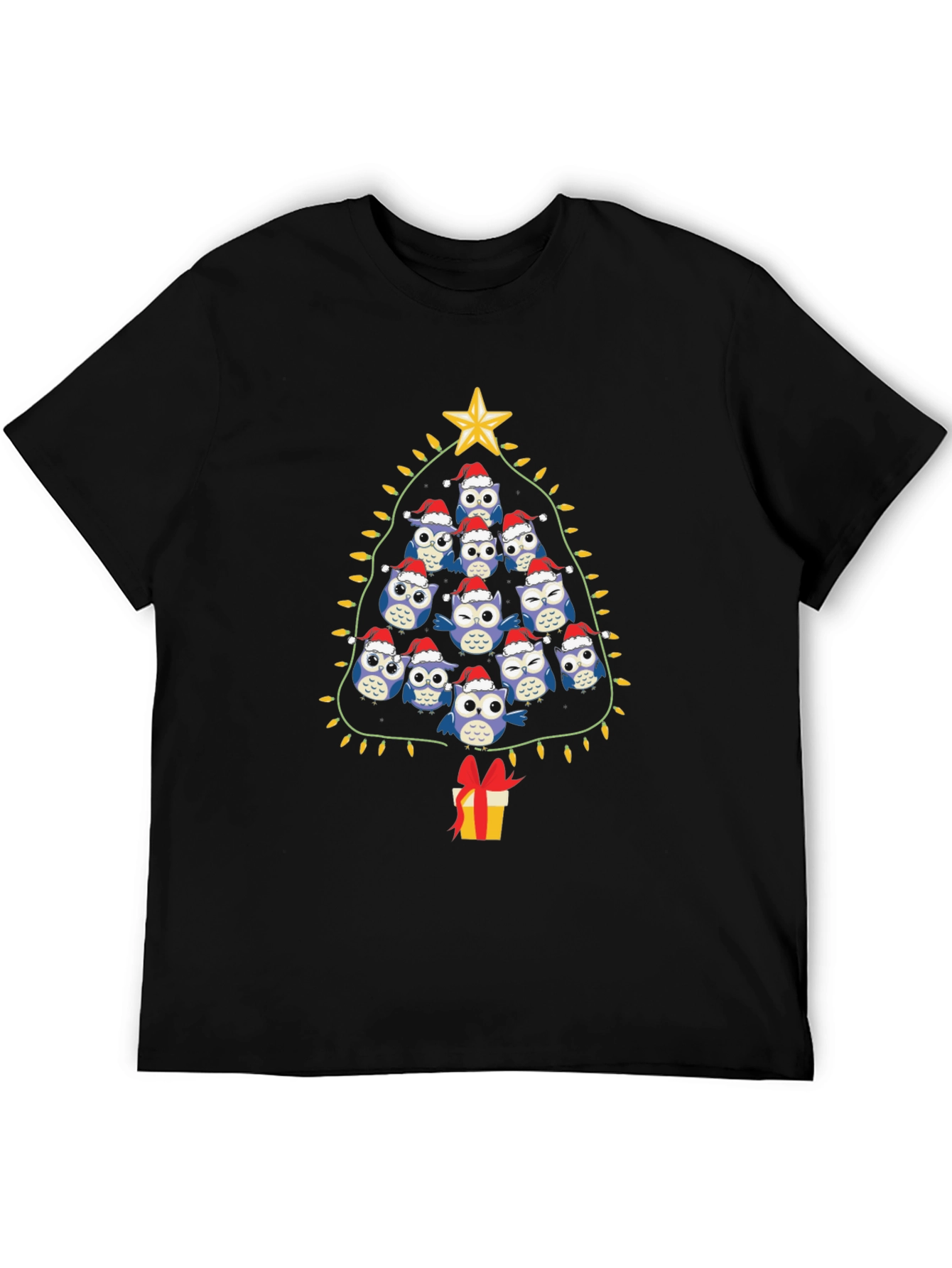 Black Festive Owl Christmas Tree T-Shirt view 5